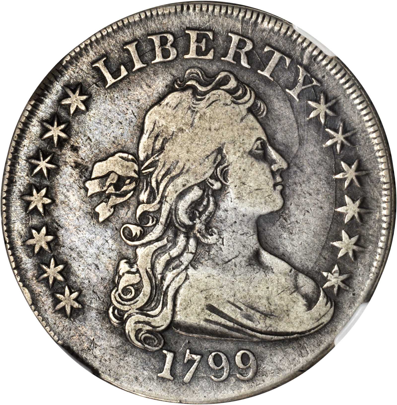 1799 Draped Bust Silver Dollar. BB-152, B-15. Rarity-3. BB Die State IV. Irregular Date, 13-Star Reverse. VF-25 (NGC).