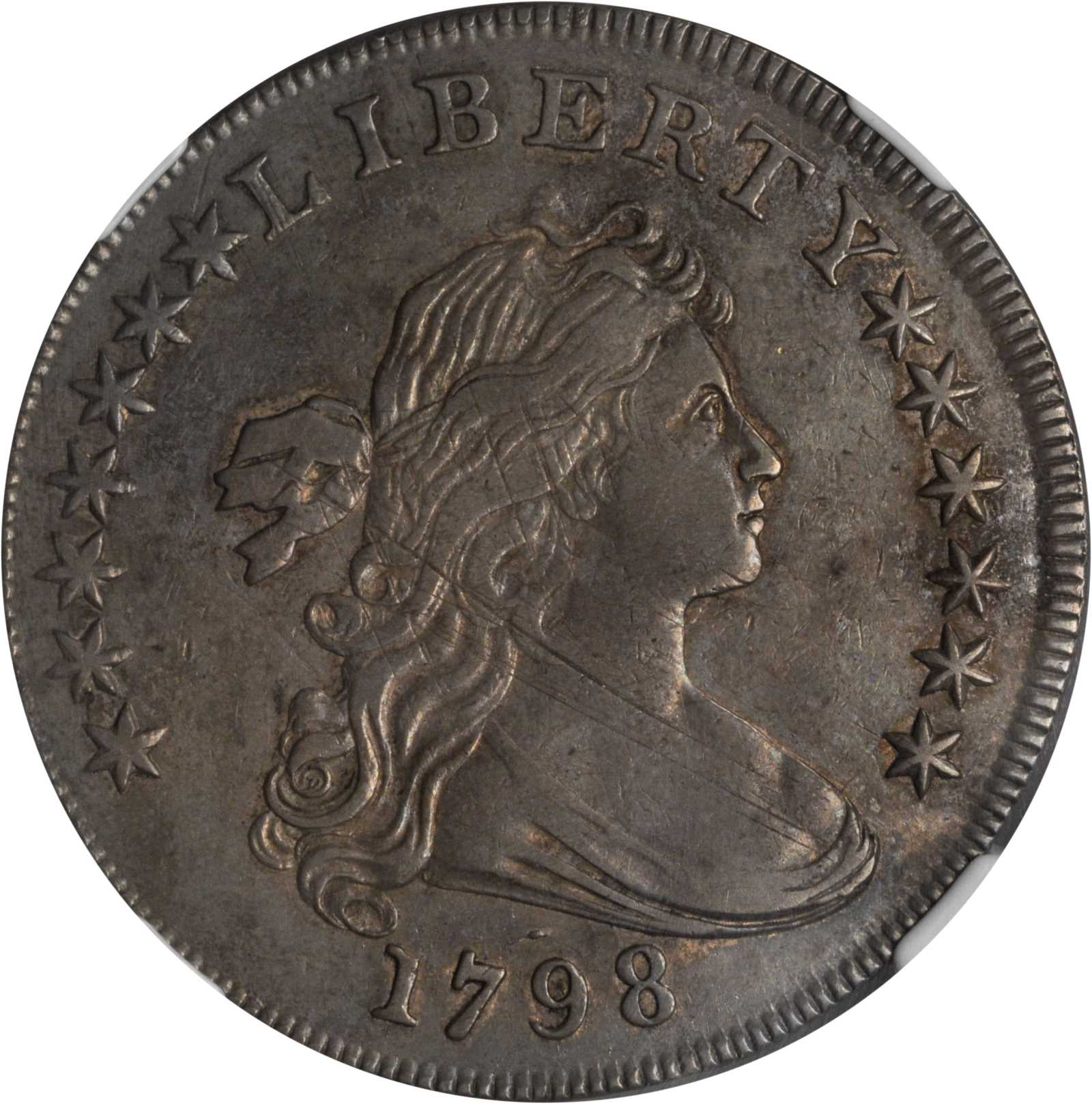 1798 Draped Bust Silver Dollar. Heraldic Eagle. BB-102, B-20. Rarity-5. Pointed 9, Wide Date. EF-45 (NGC).