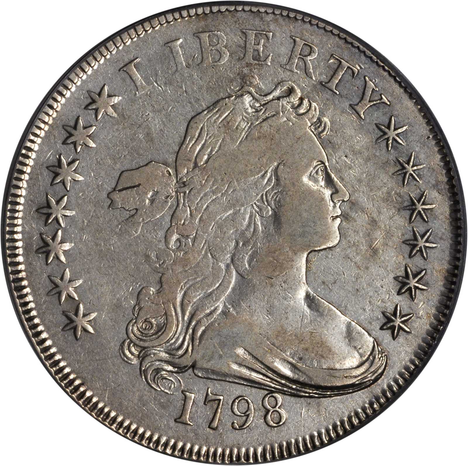 1798 Draped Bust Silver Dollar. Heraldic Eagle. BB-95, B-7. Rarity-5. Knob 9, 4 Vertical Lines. Genuine--Cleaning (PCGS).