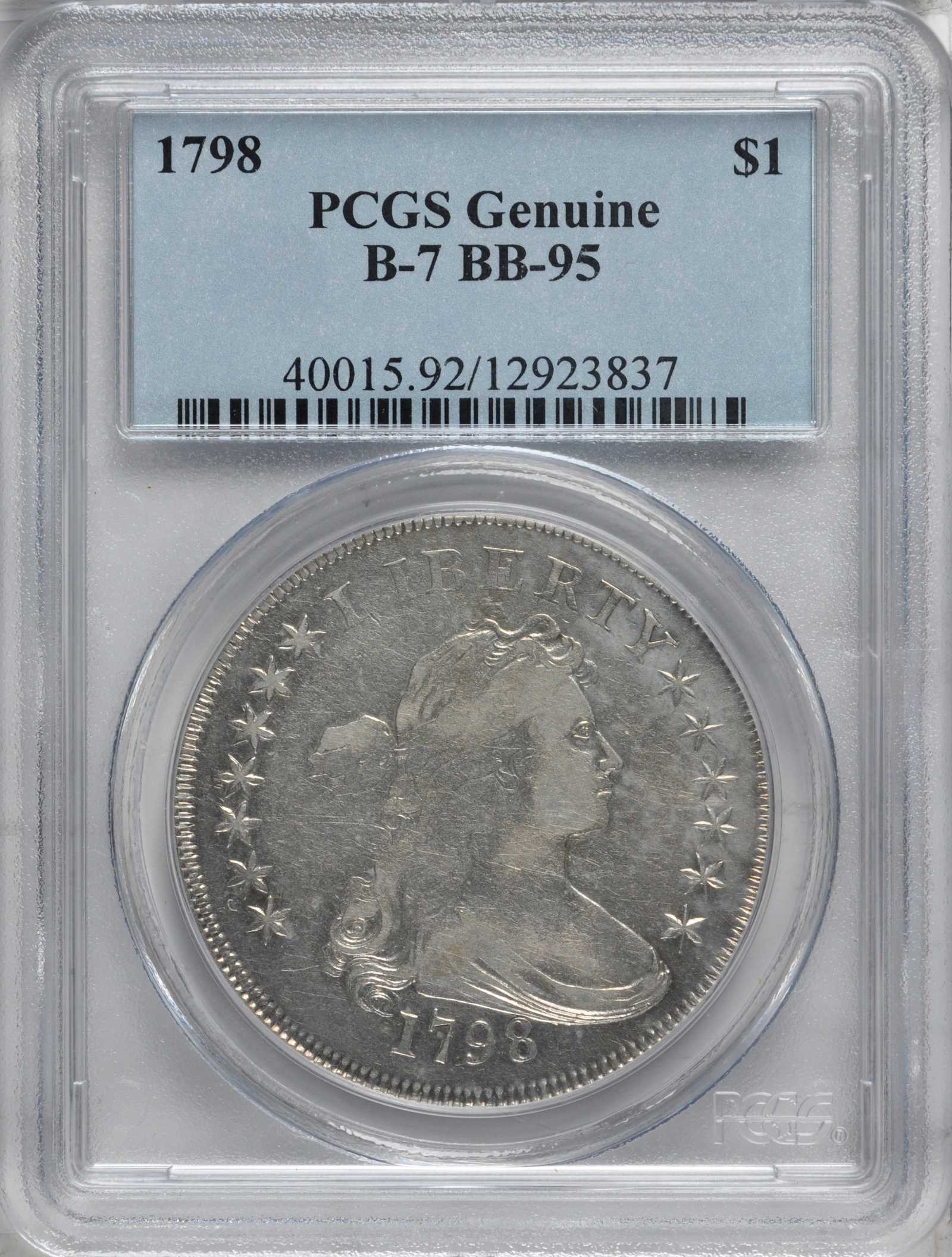 1798 $1  Large Eagle, Knob 9, 4 Vertical Lines, B-7, BB-95 AU50 thumbnail 21