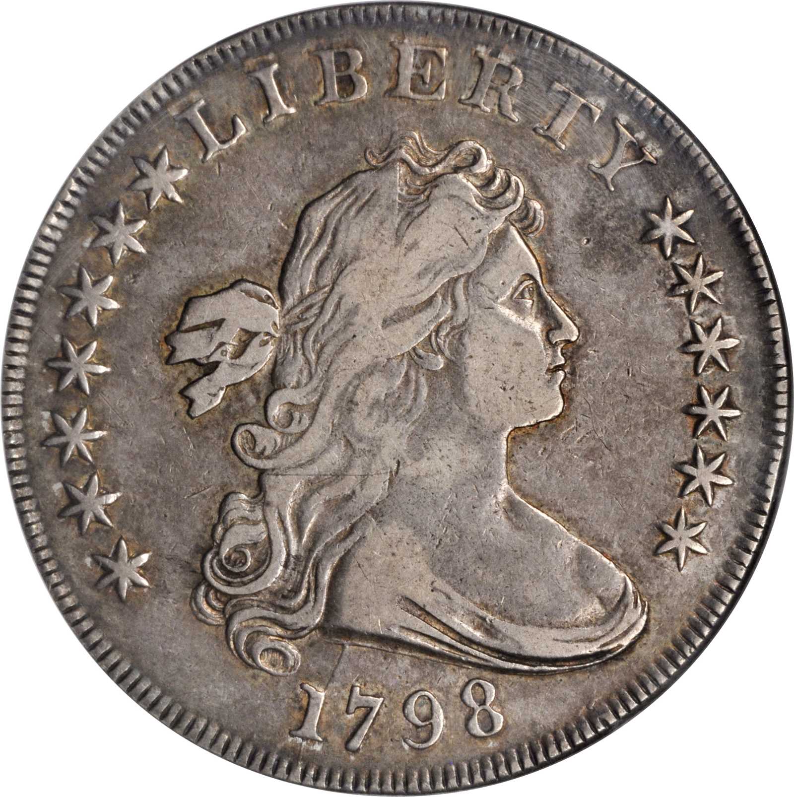 1798 Draped Bust Silver Dollar. Heraldic Eagle. Pointed 9, Wide Date. EF-40 (ANACS). OH.