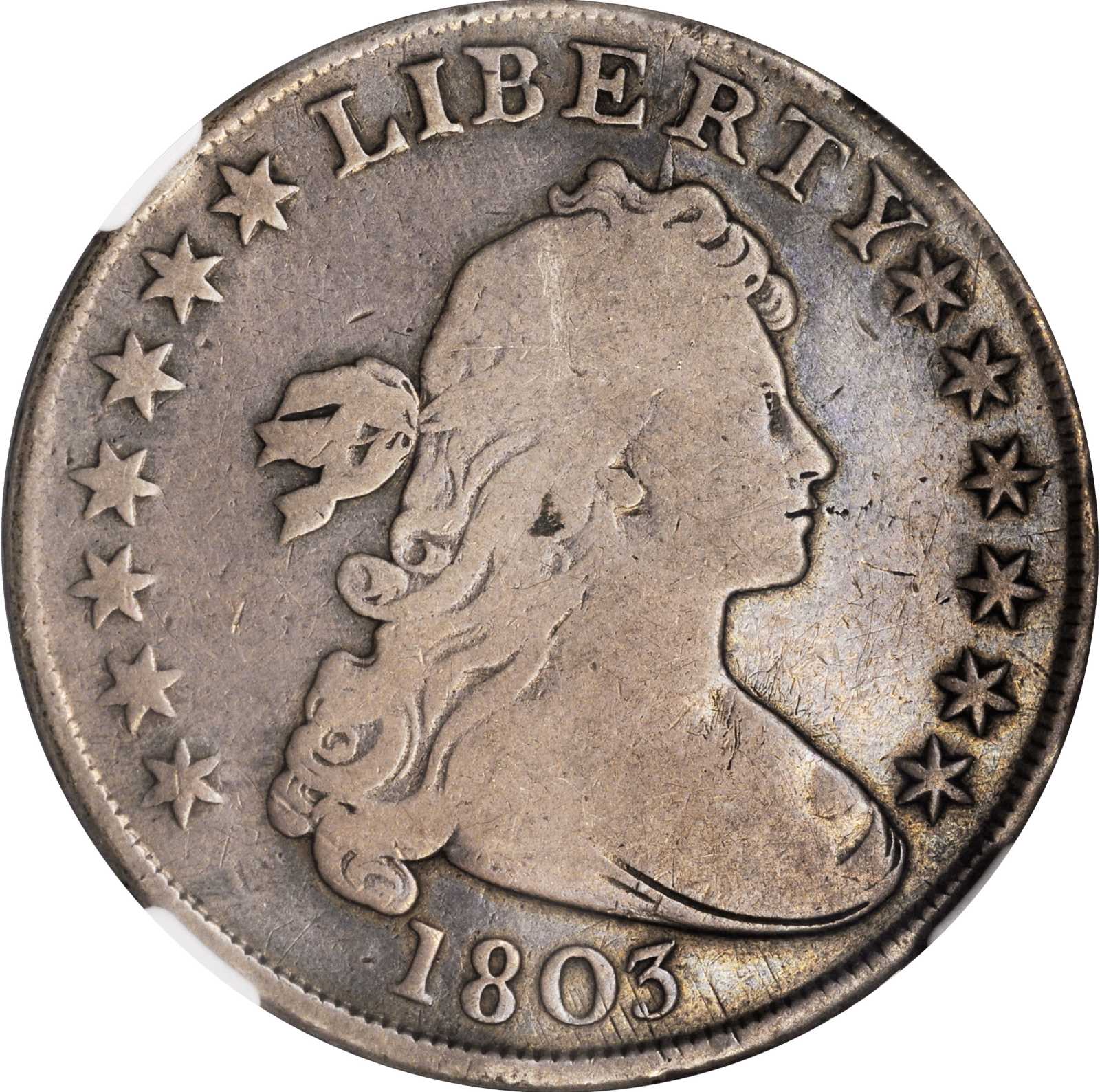 1803 Draped Bust Silver Dollar. BB-251, B-1. Small 3. VG-8 (NGC).