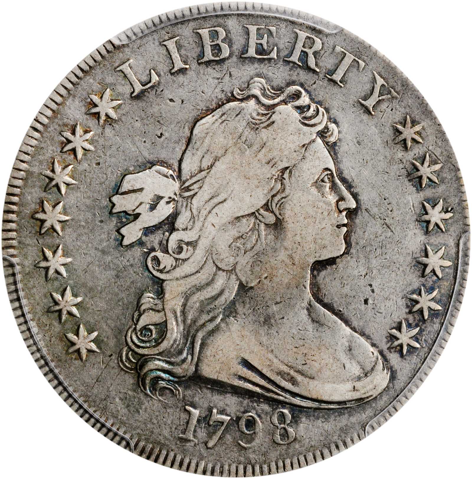 1798 Draped Bust Silver Dollar. Heraldic Eagle. BB-111, B-11. Rarity-3. Pointed 9, Wide Date. VF-25 (PCGS).