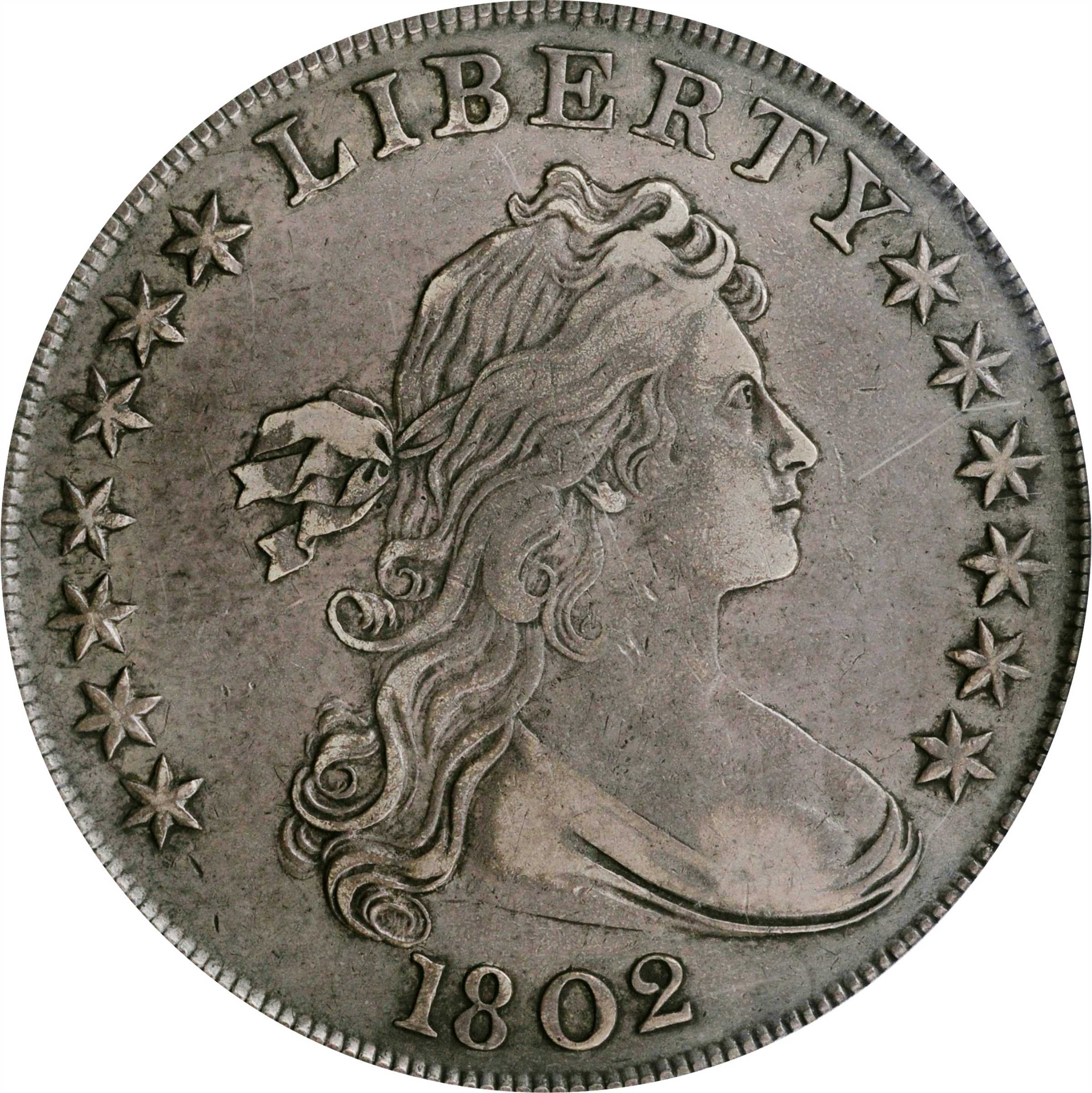 1802 Draped Bust Silver Dollar. BB-241, B-6. Rarity-1. Narrow Date. VF-30 (PCGS). CAC.