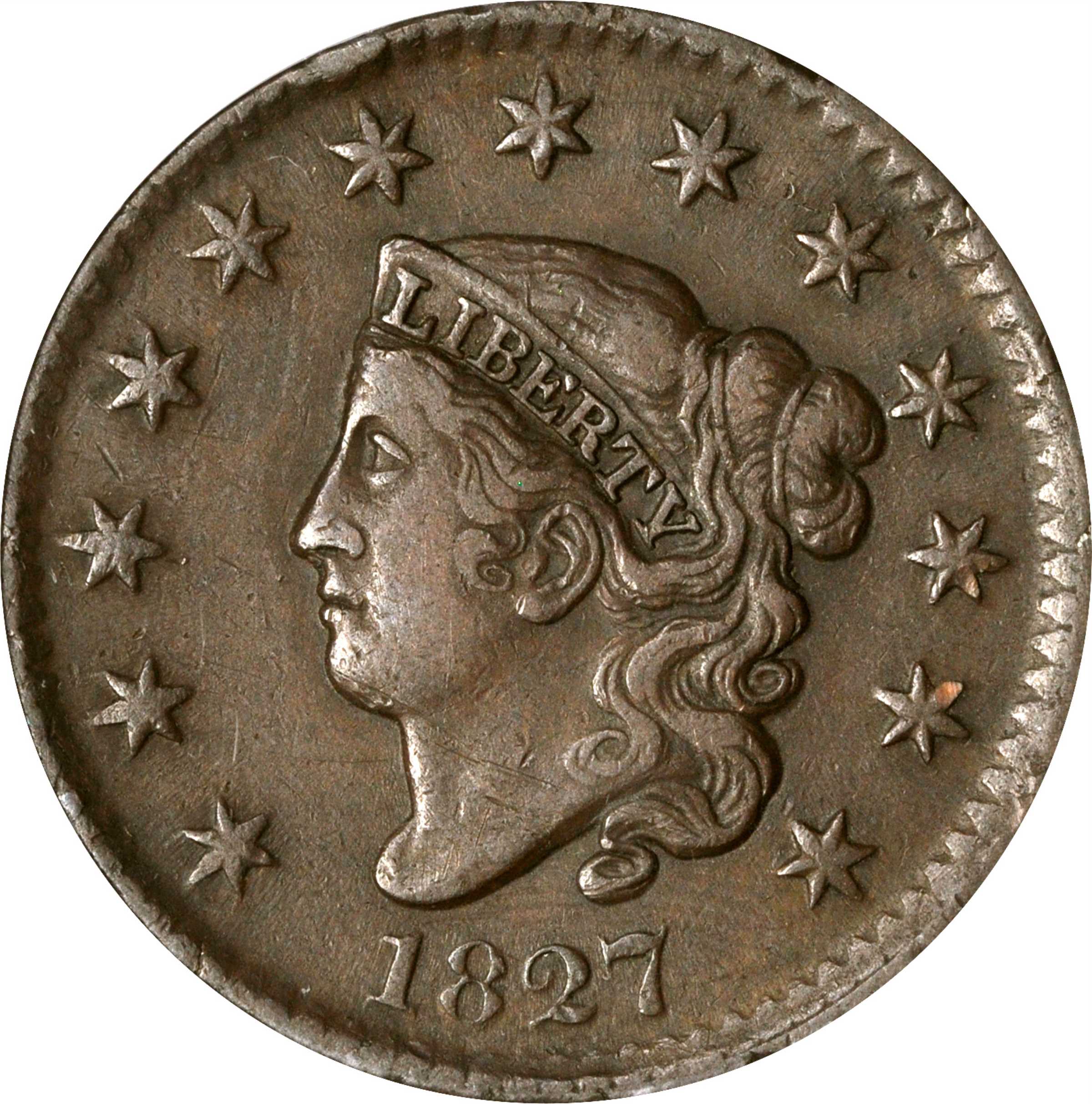 1827 Matron Head Cent. N-11. Rarity-1. VF-35 (ANACS).