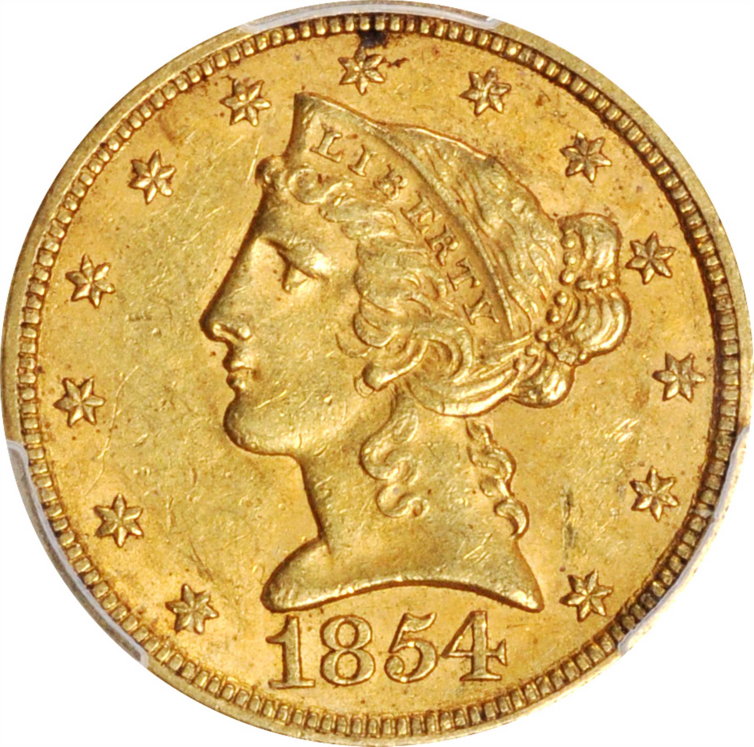 1854 Liberty Head Half Eagle. FS-101. Doubled Die Obverse, Earring. AU-55+ (PCGS). CAC.