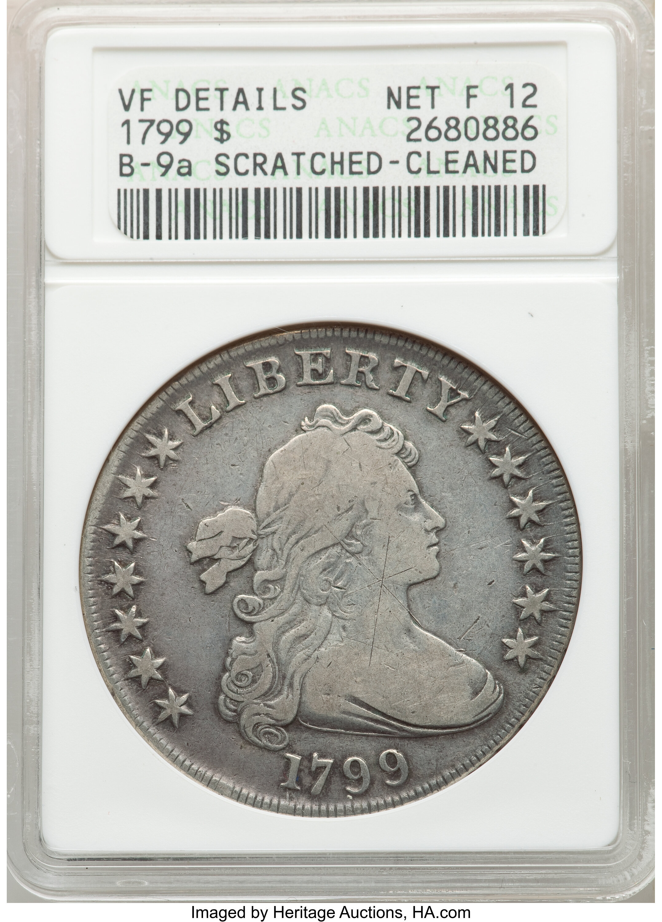 1799 $1 7x6 Stars, B-9, BB-166, R.1, -- Cleaned, Scratched -- ANACS. VG Details Net Fine 12. ...