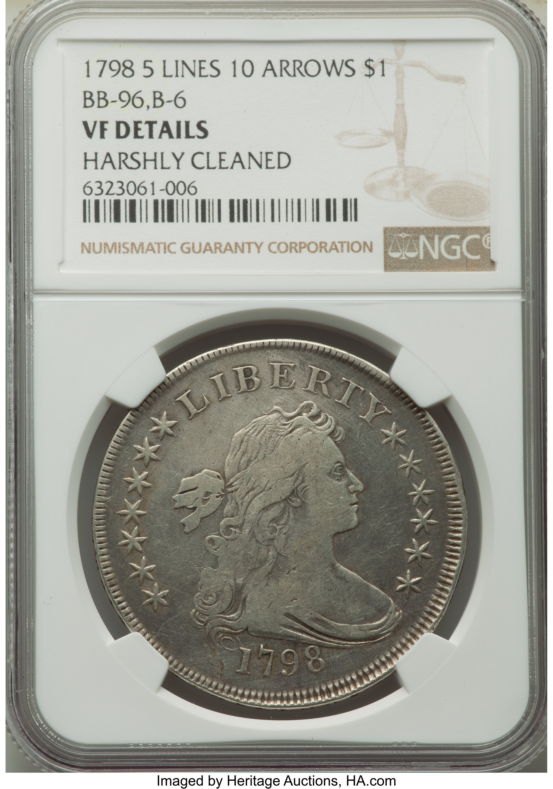 1798 $1  Large Eagle, Knob 9, 10 Arrows, 5 Vertical Lines, B-6, BB-96 VG10 thumbnail 8