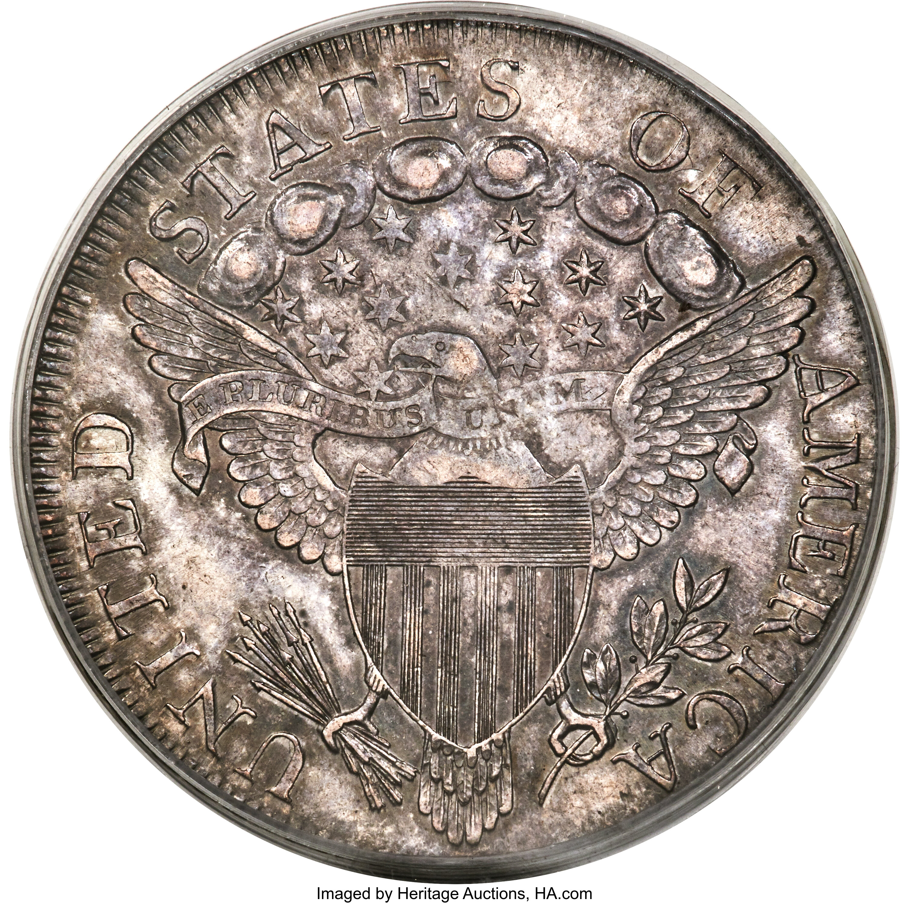 1798 $1  Large Eagle, Knob 9, 10 Arrows, 5 Vertical Lines, B-6, BB-96 AU50 CAC thumbnail 3