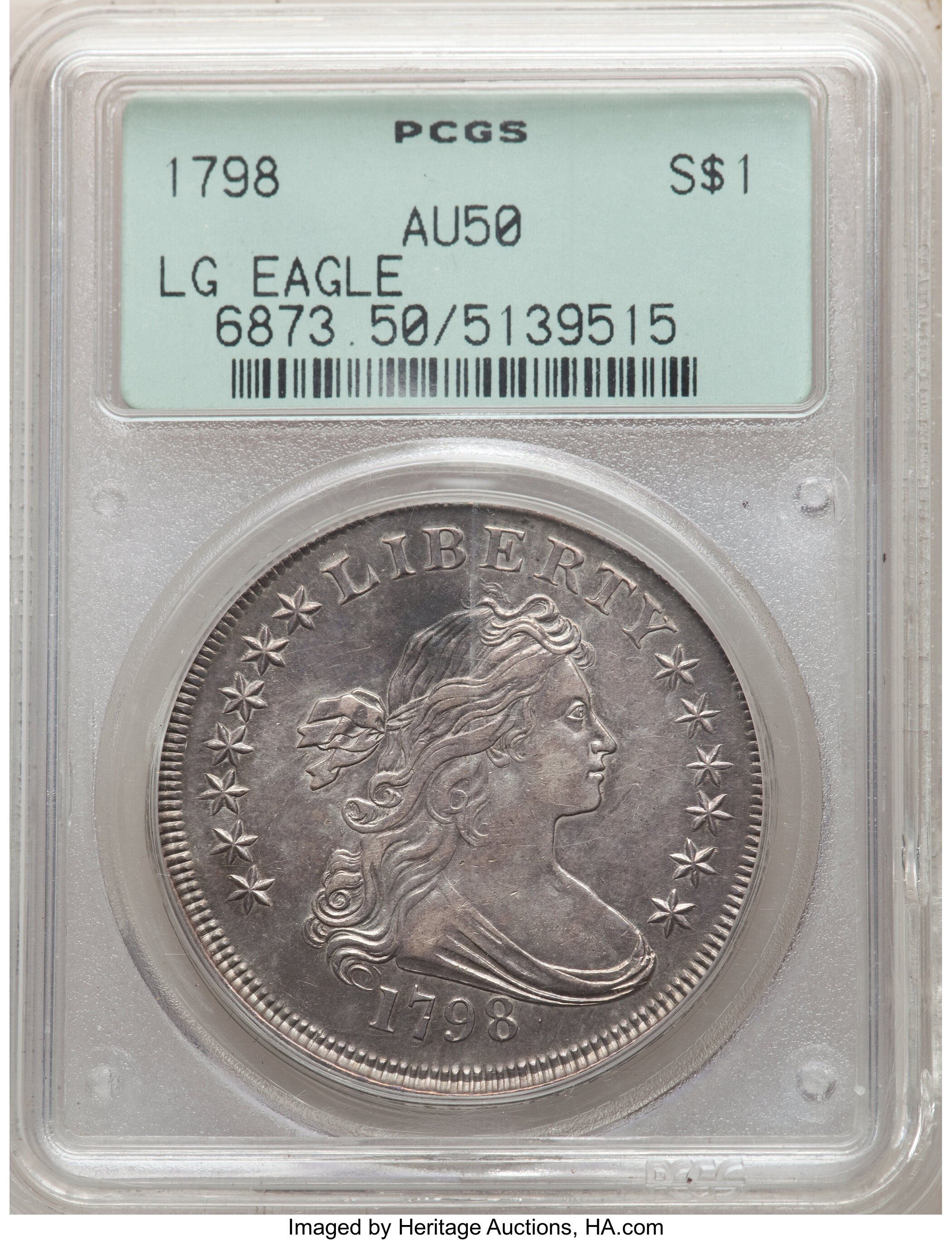 1798 $1  Large Eagle, Knob 9, 10 Arrows, 5 Vertical Lines, B-6, BB-96 AU50 CAC thumbnail 4