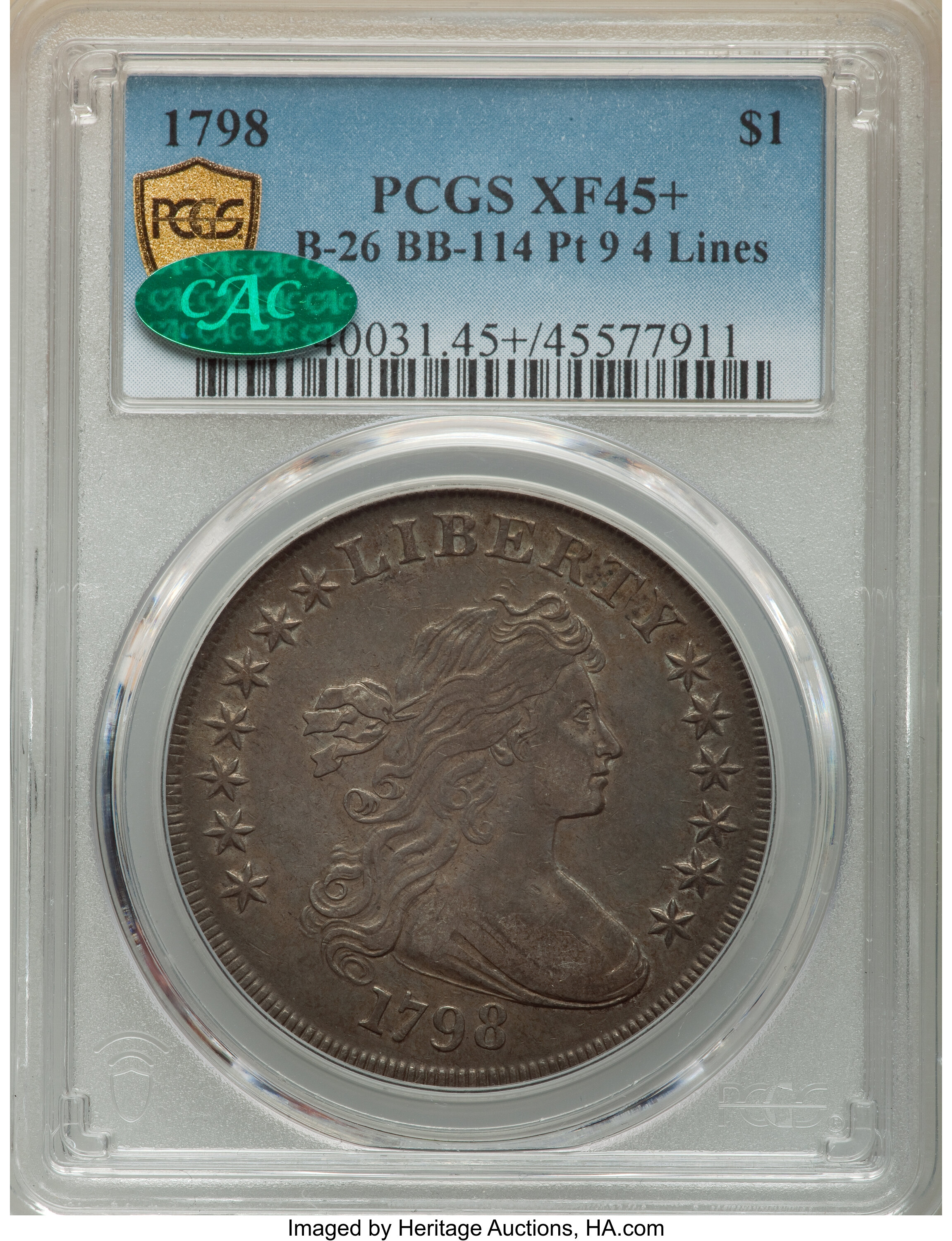 1798 $1  Large Eagle, Pointed 9, Close Date, B-26, BB-114 MS60 CAC thumbnail 26