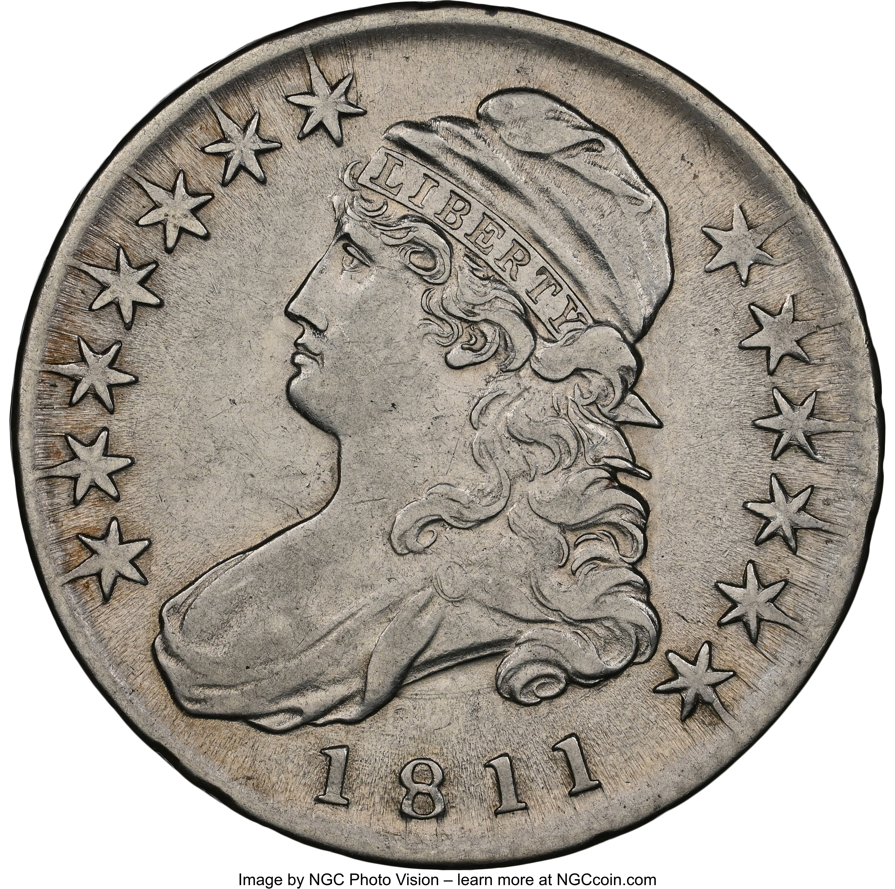1811 50C Small 8, O-106, R.2, AU53 NGC. NGC Census: (6/11). PCGS Population: (2/10). CDN: $850 Whsle. Bid for NGC/PCGS AU53...