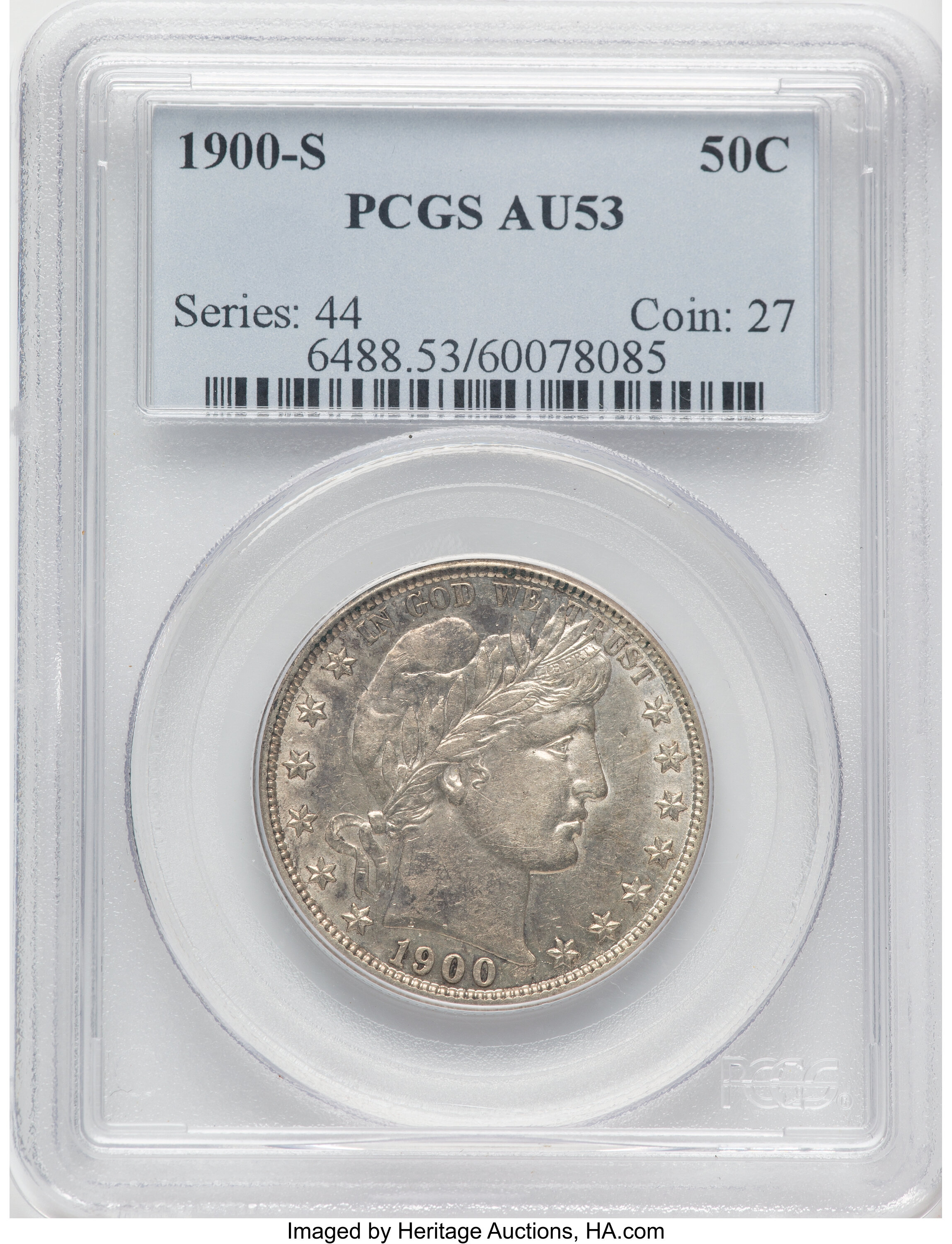1900-S 50C AU53 PCGS. PCGS Population: (39/138). NGC Census: (11/67). CDN: $315 Whsle. Bid for NGC/PCGS AU53. Mintage 2,560...