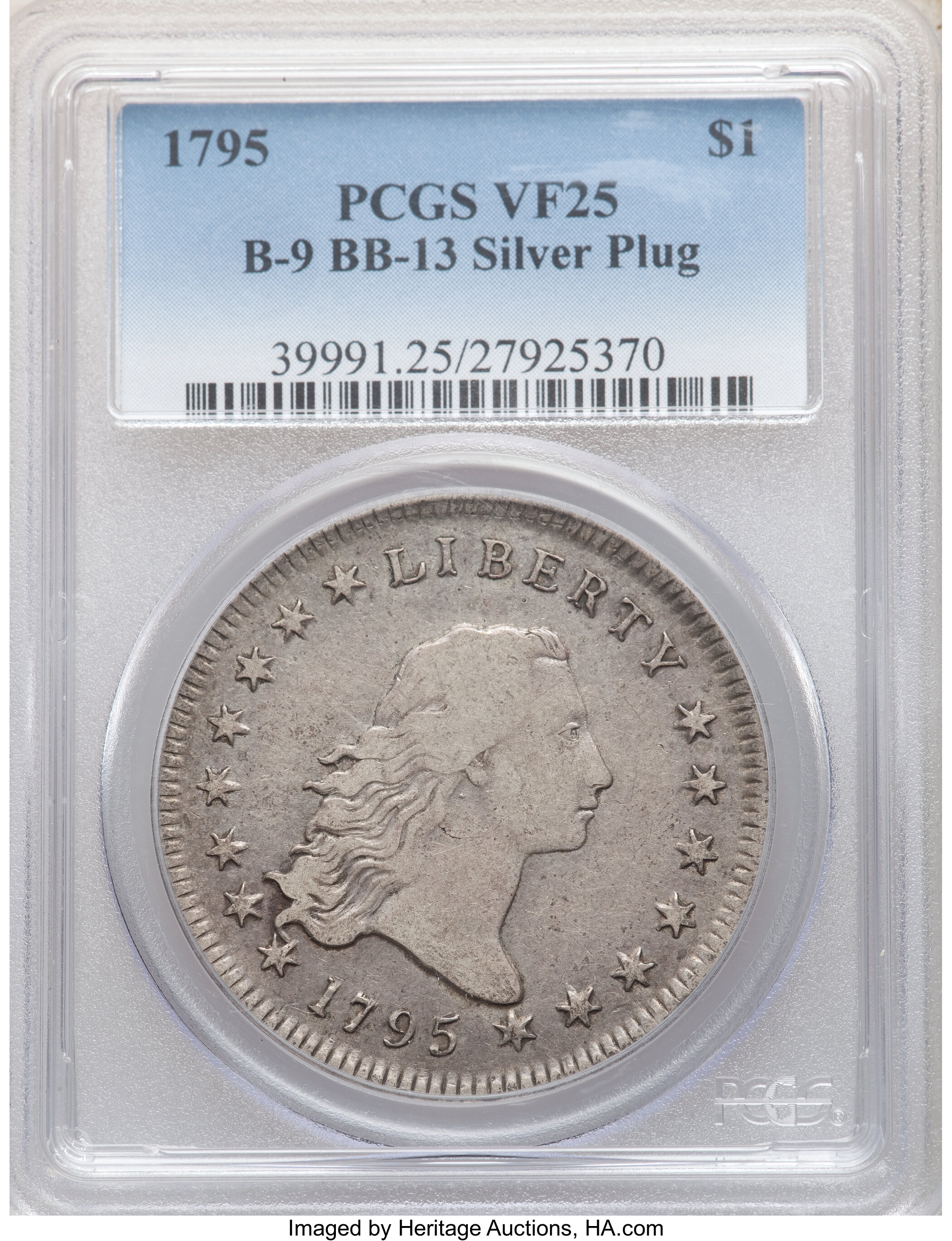 1795 $1  Flowing Hair, Silver Plug, 2 Leaves, B-9, BB-13 VF25 CAC thumbnail 4