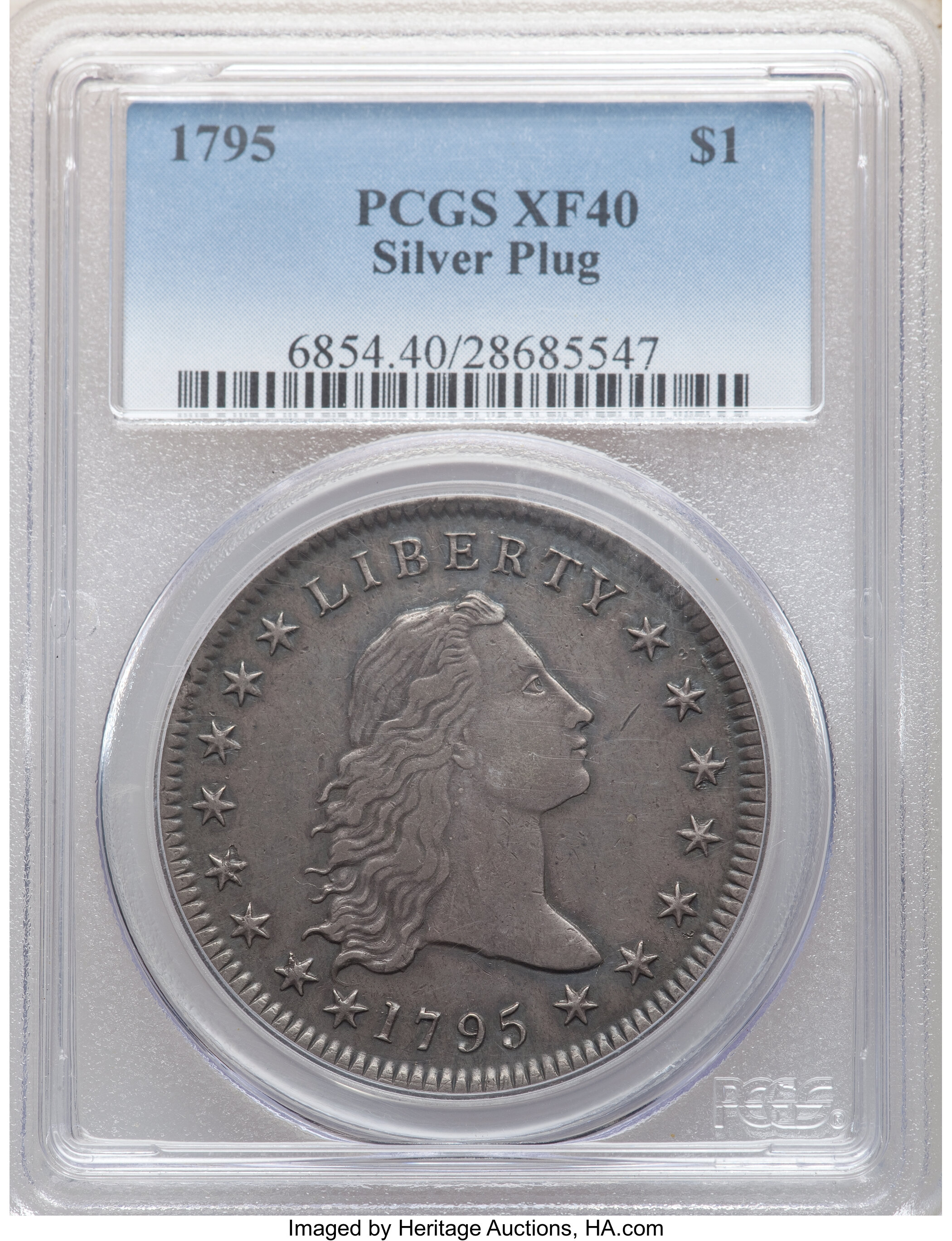 1795 $1  Flowing Hair, Silver Plug, 2 Leaves, B-4, BB-14 P1 thumbnail 15