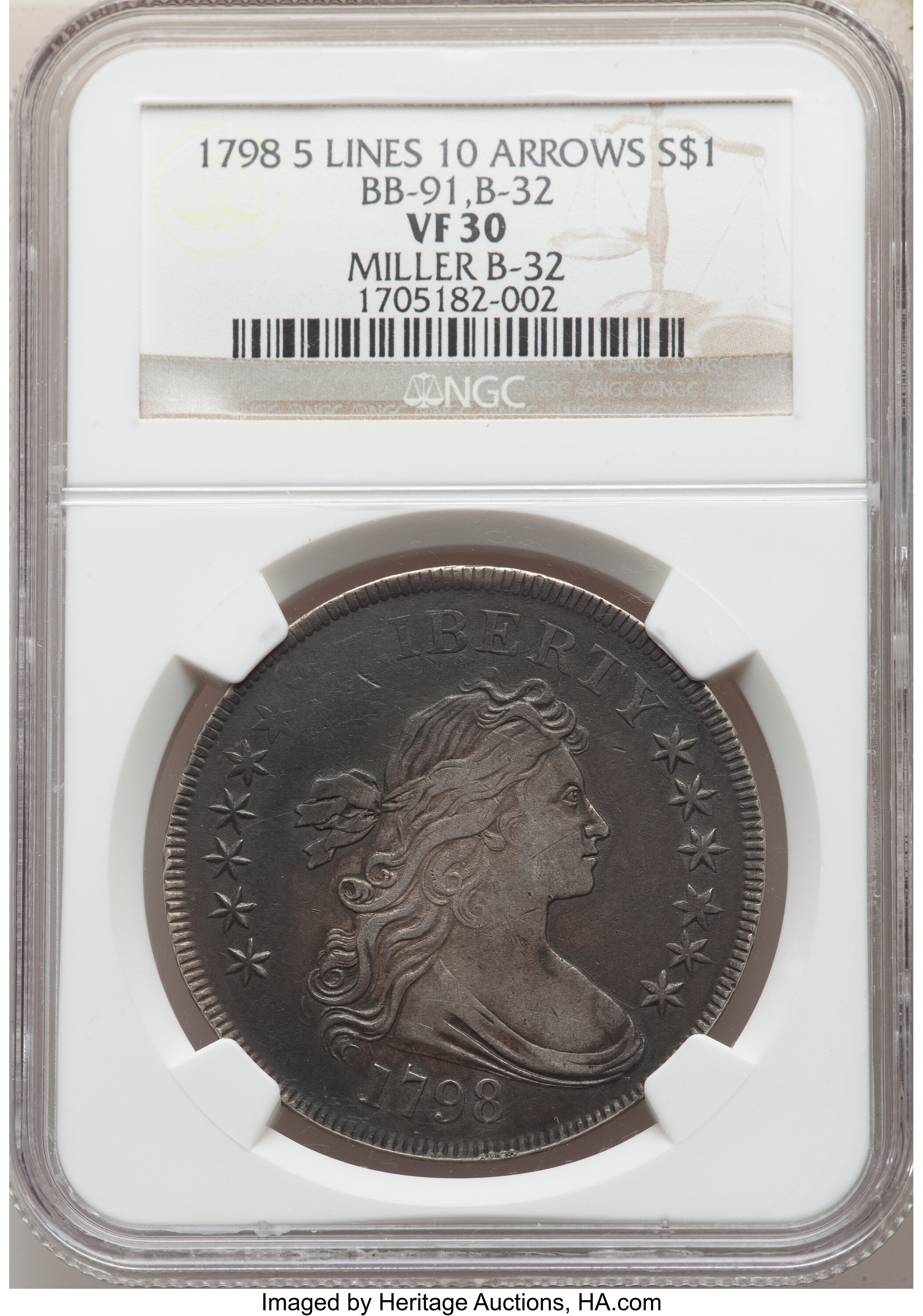 1798 $1  Large Eagle, Knob 9, 5 Vertical Lines, B-32, BB-91 AU50 CAC thumbnail 8