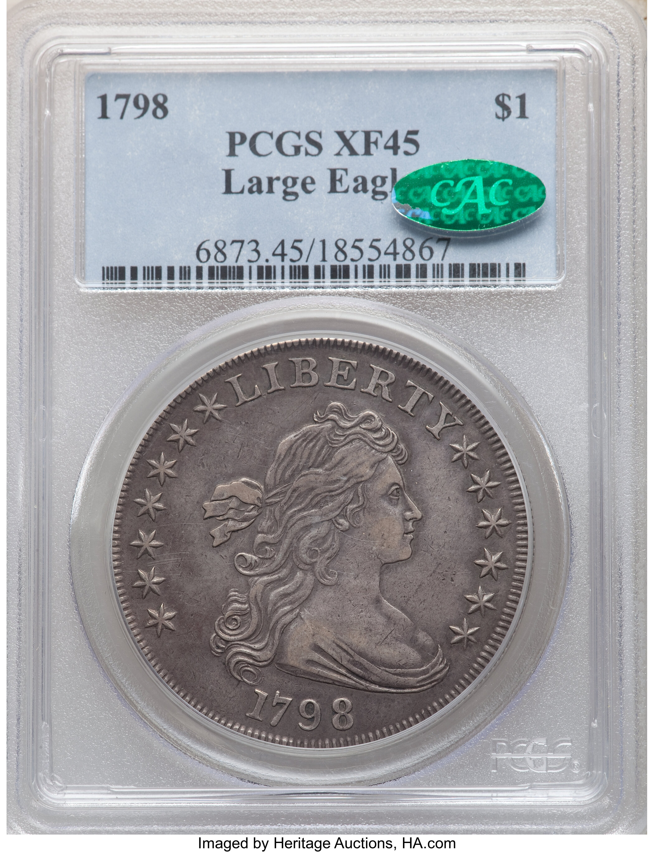 1798 $1  Large Eagle, Pointed 9, Wide Date, B-12, BB-120 MS62 CAC thumbnail 26