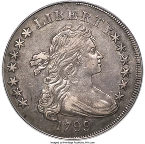 image for: 1799 $1 Irregular Date, 13 Stars Reverse, B-13, BB-151, R.5, XF45 PCGS. CAC....