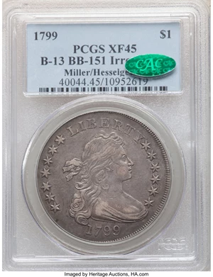 image for: 1799 $1 Irregular Date, 13 Stars Reverse, B-13, BB-151, R.5, XF45 PCGS. CAC....