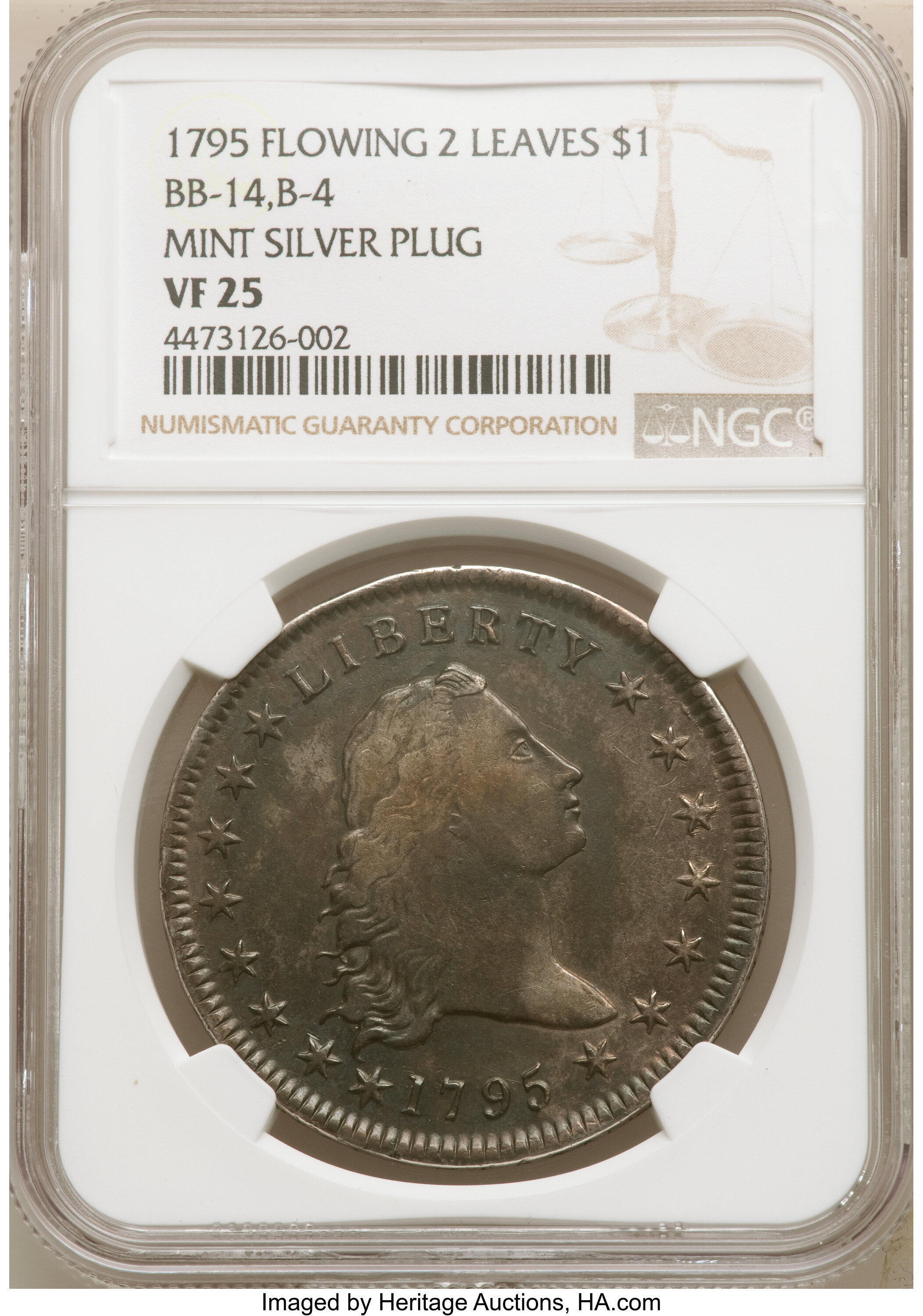 1795 $1  Flowing Hair, Silver Plug, 2 Leaves, B-4, BB-14 P1 thumbnail 10