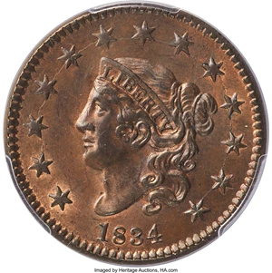 image for: 1834 1C Small 8, Large Stars, Medium Letters, N-2, R.1, MS64 Red and Brown PCGS. CAC. ...