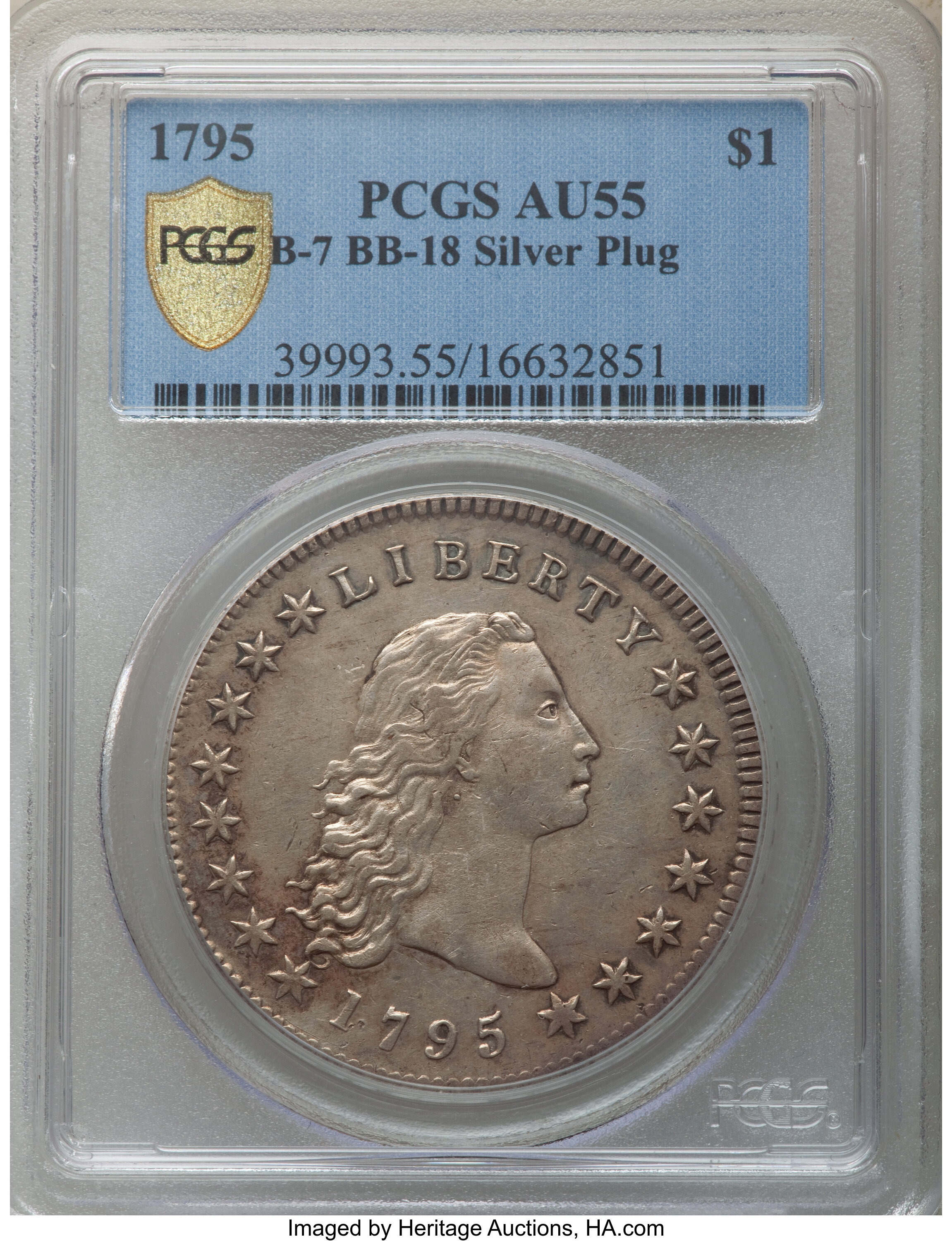 1795 $1  Flowing Hair, Silver Plug, 3 Leaves, B-7, BB-18 AU55 thumbnail 4