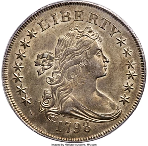 image for: 1798 $1 Large Eagle, Knob 9, 5 Vertical Lines, 10 Arrows, B-6, BB-96, R.3, MS61 PCGS....