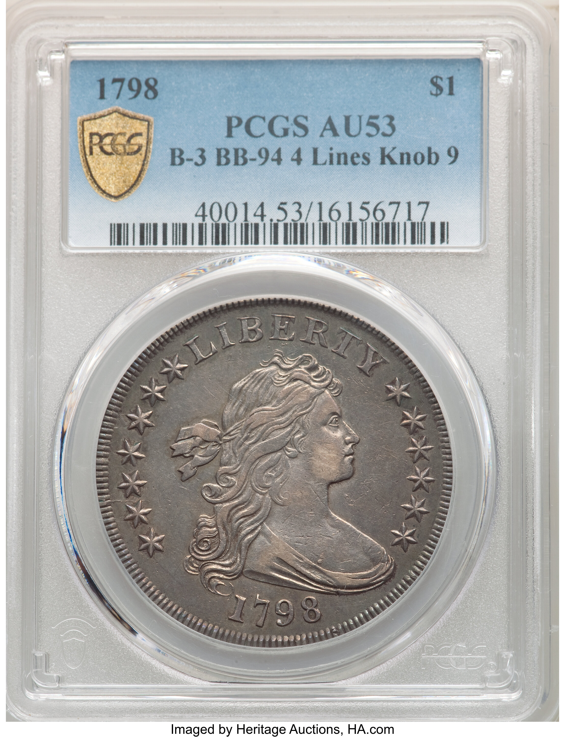 1798 $1  Large Eagle, Knob 9, 4 Vertical Lines, B-3, BB-94 VG10 CAC thumbnail 11