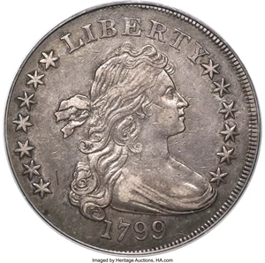 image for: 1799 $1 Irregular Date, 13 Stars Reverse, B-13, BB-151, R.5, XF45 PCGS. CAC....