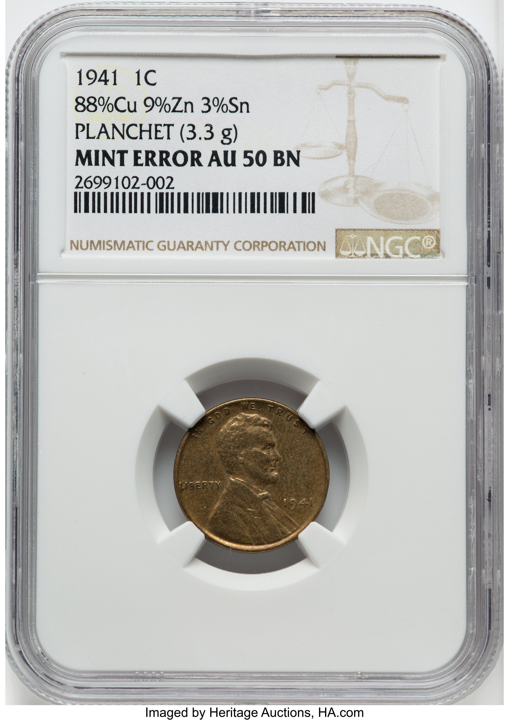 1941 1C Lincoln Cent -- Struck on Planchet Containing 88% Copper, 9% Zinc, 3% Tin -- AU50 NGC. (3.3 grams).From T...