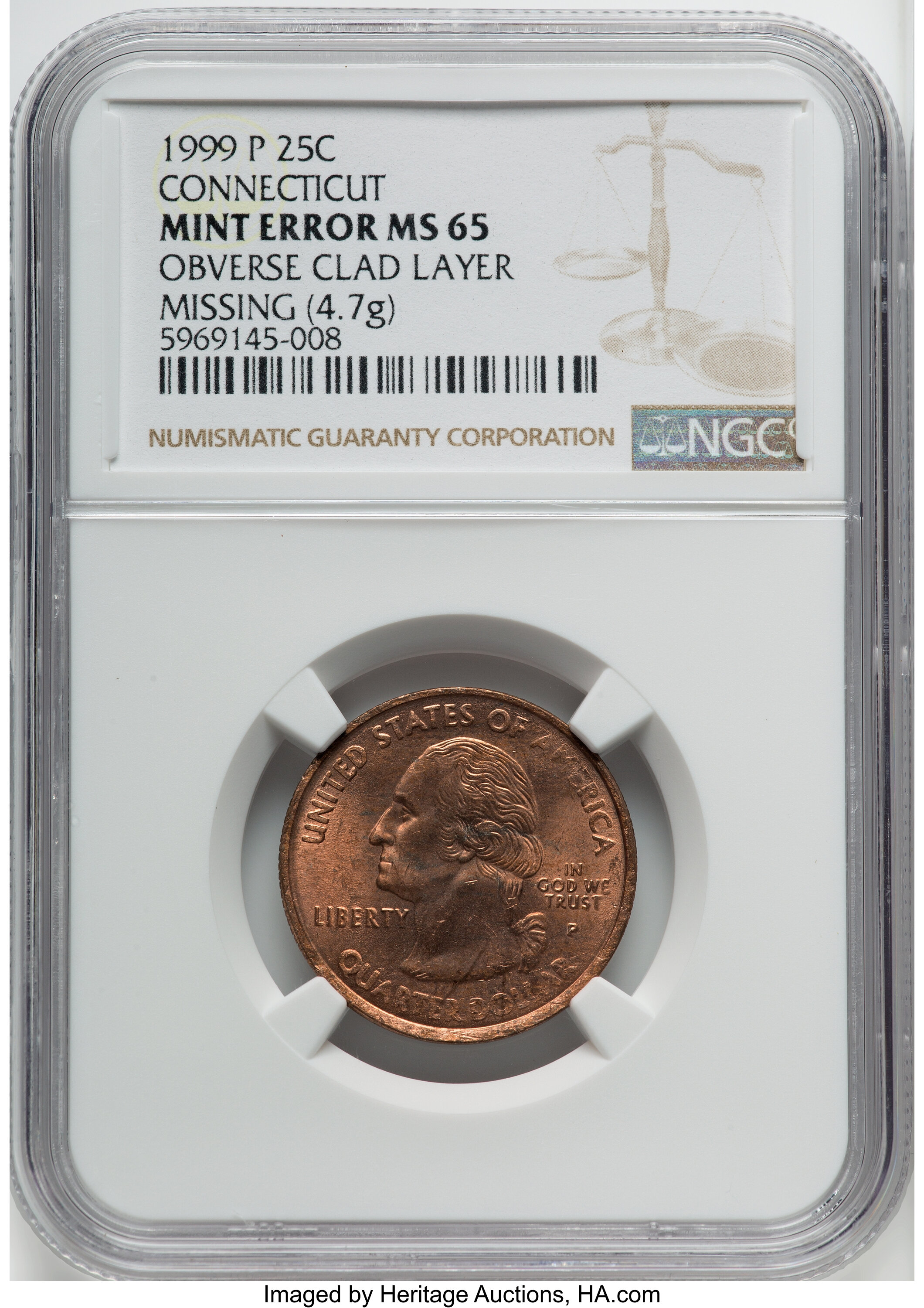 1999-P 25C Connecticut Statehood Quarter -- Obverse Clad Layer Missing -- MS65 NGC. 4.7 grams....
