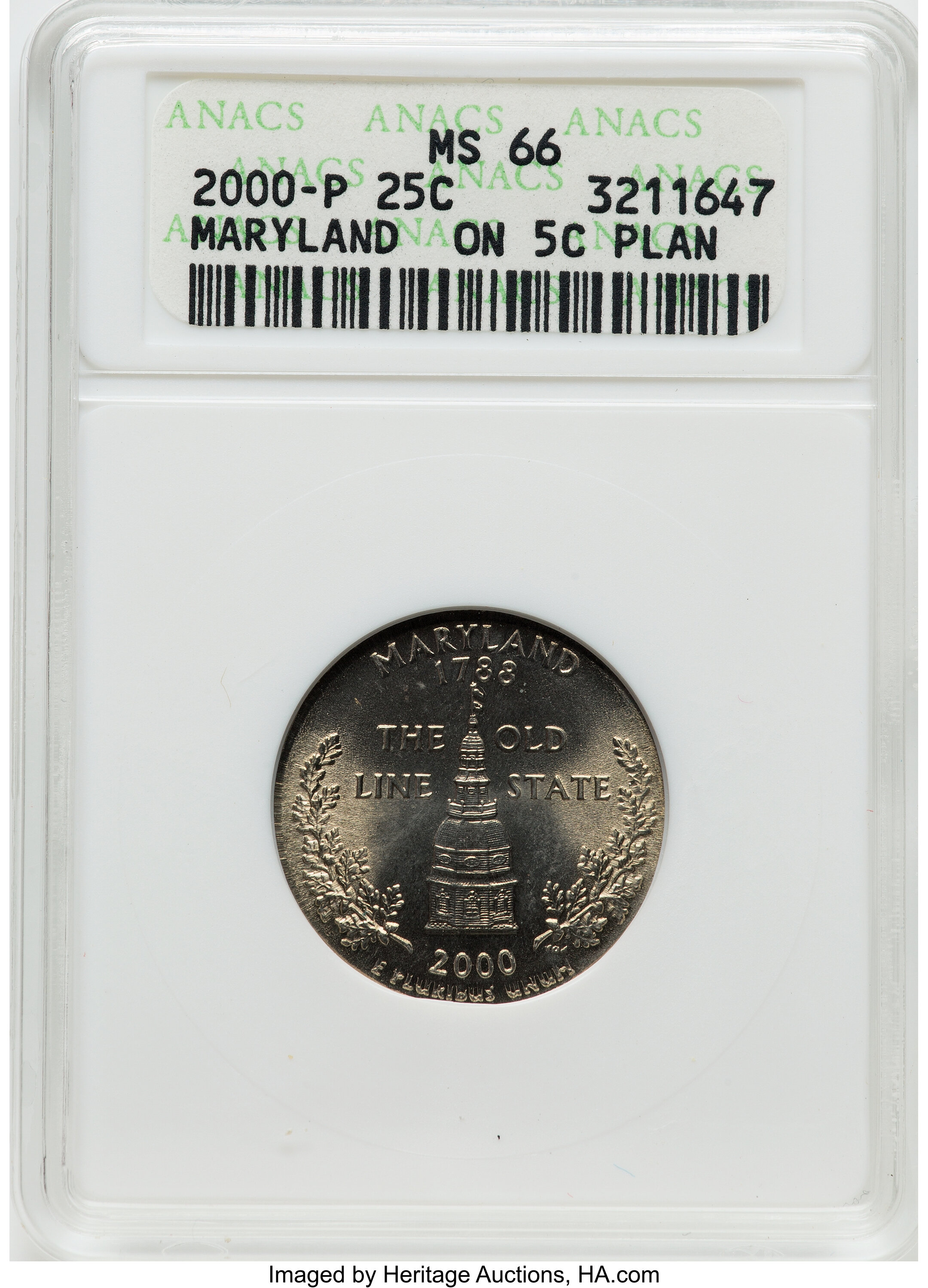 2000-P 25C Maryland Statehood Quarter -- Struck on a Jefferson Nickel Planchet -- MS66 ANACS. ...