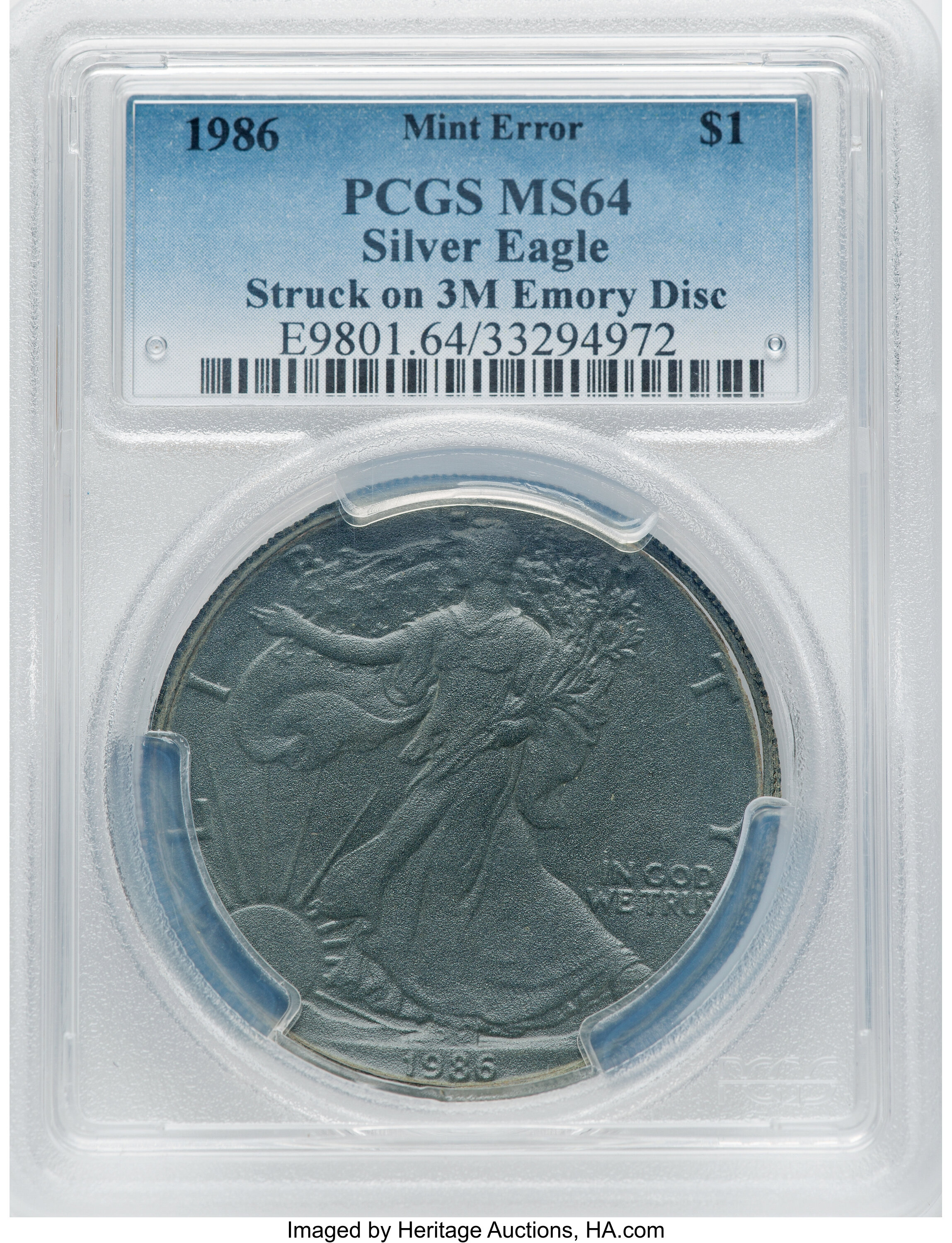 1986 $1 Silver Eagle -- Struck on a 3M Emory Disc --MS64 PCGS.From The Michael Sussman Collection. ...