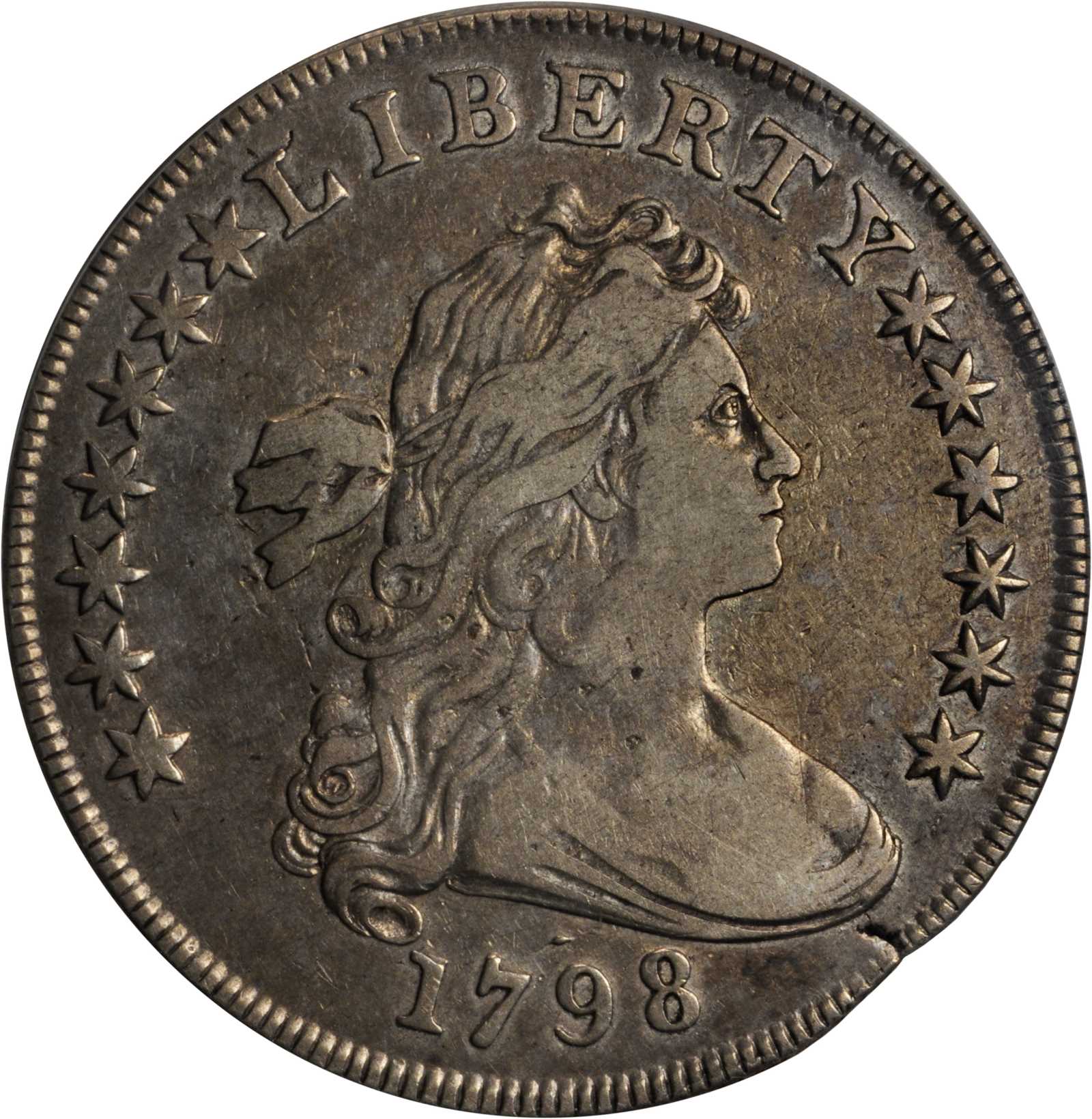 1798 Draped Bust Silver Dollar. Heraldic Eagle. BB-102, B-20. Rarity-5. BB Die State IV. Pointed 9, Wide Date--Planchet Defect--VF-30 (ANACS).
