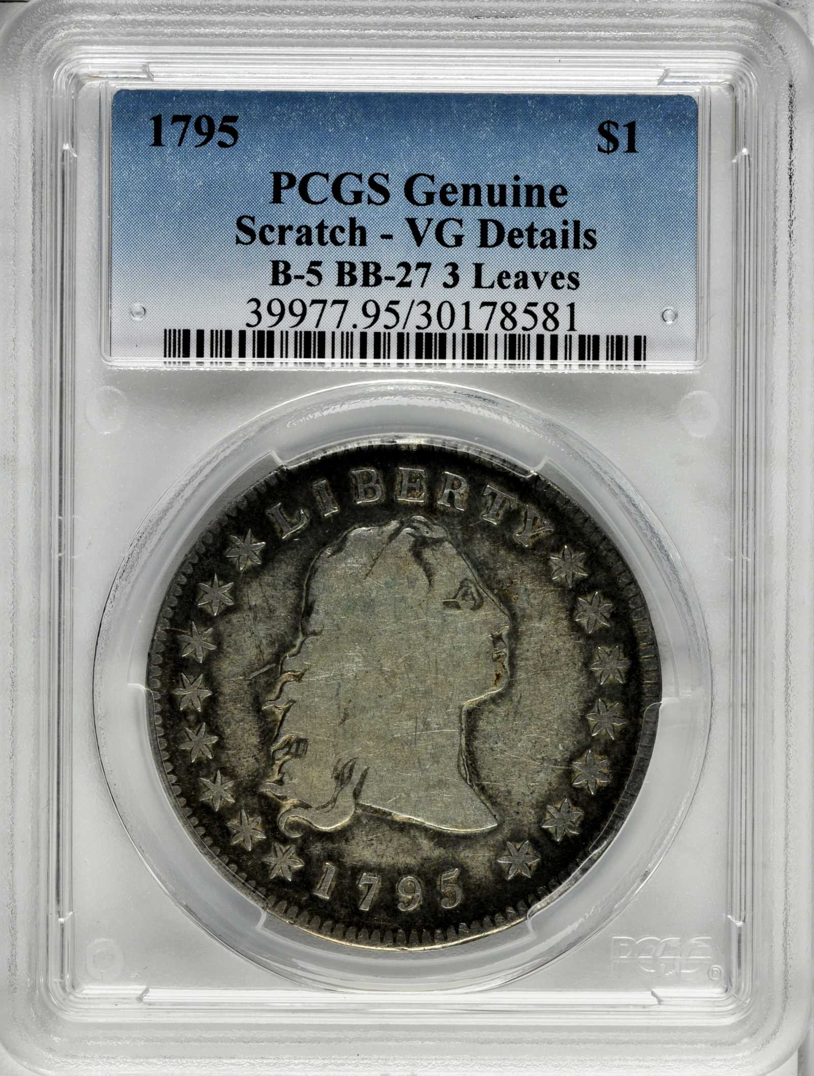 1795 $1  Flowing Hair, 3 Leaves, B-5, BB-27 P1 thumbnail 6