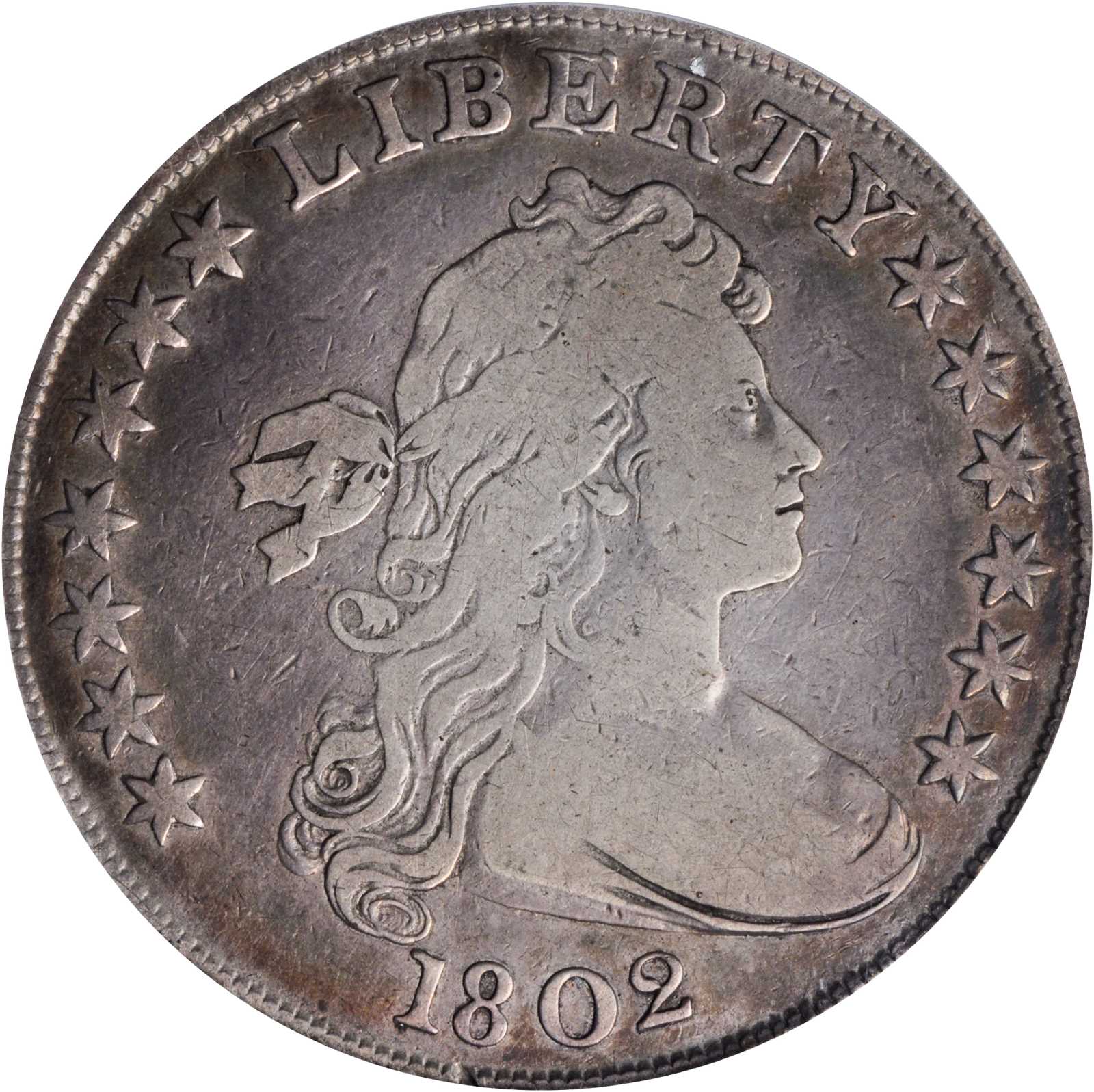 1802 Draped Bust Silver Dollar. BB-241, B-6. Rarity-1. BB Die State III. Narrow Date. VG-10 (PCGS).