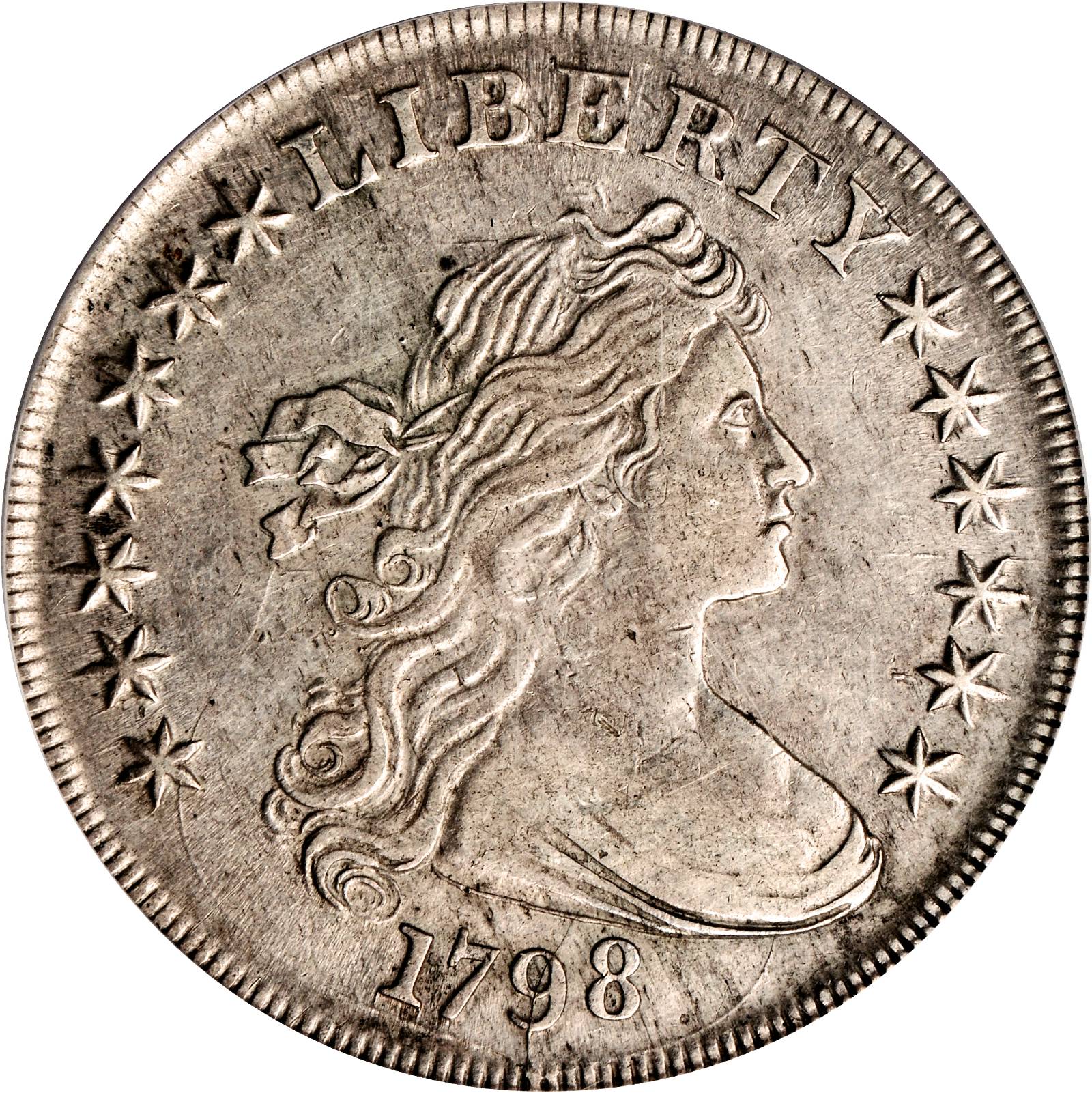 1798 Draped Bust Silver Dollar. Large Eagle. BB-116, B-30a. Rarity-4. Bowers Die State VI. Pointed 9, Close Date. EF-40 (PCGS).