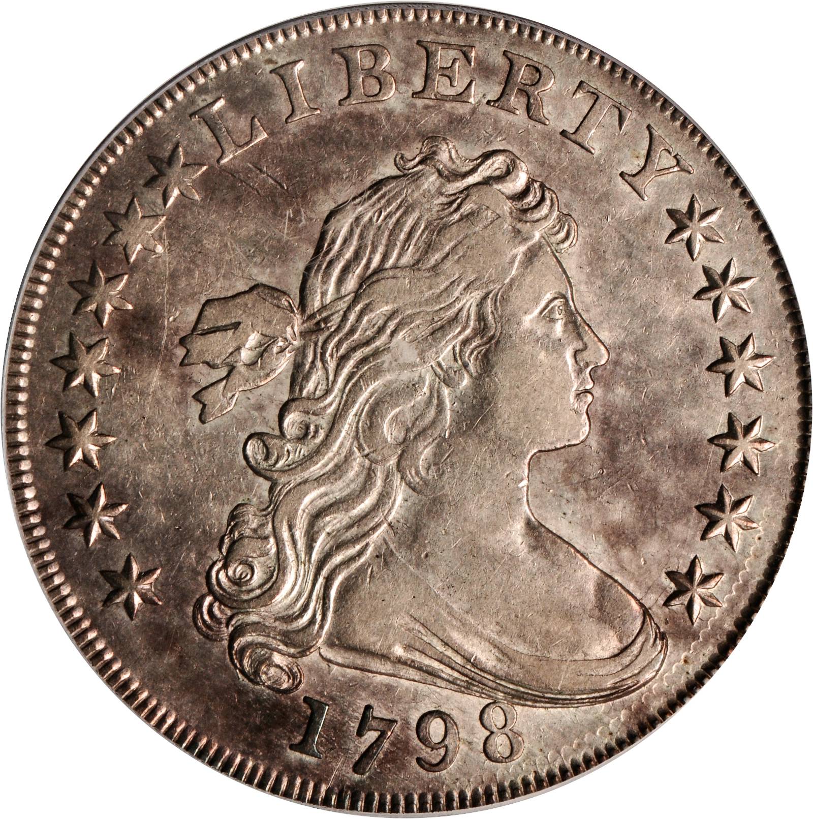 1798 Draped Bust Silver Dollar. Large Eagle. BB-104, B-22. Rarity-4. Bowers Die State IV. Pointed 9, Wide Date. Genuine--Code 92, Cleani...
