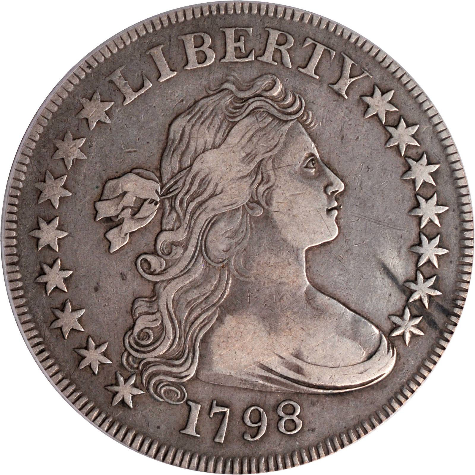 1798 Draped Bust Silver Dollar. Small Eagle. BB-81, B-2. Rarity-2. Bowers Die State II. 15 Stars. VF-25 (PCGS).