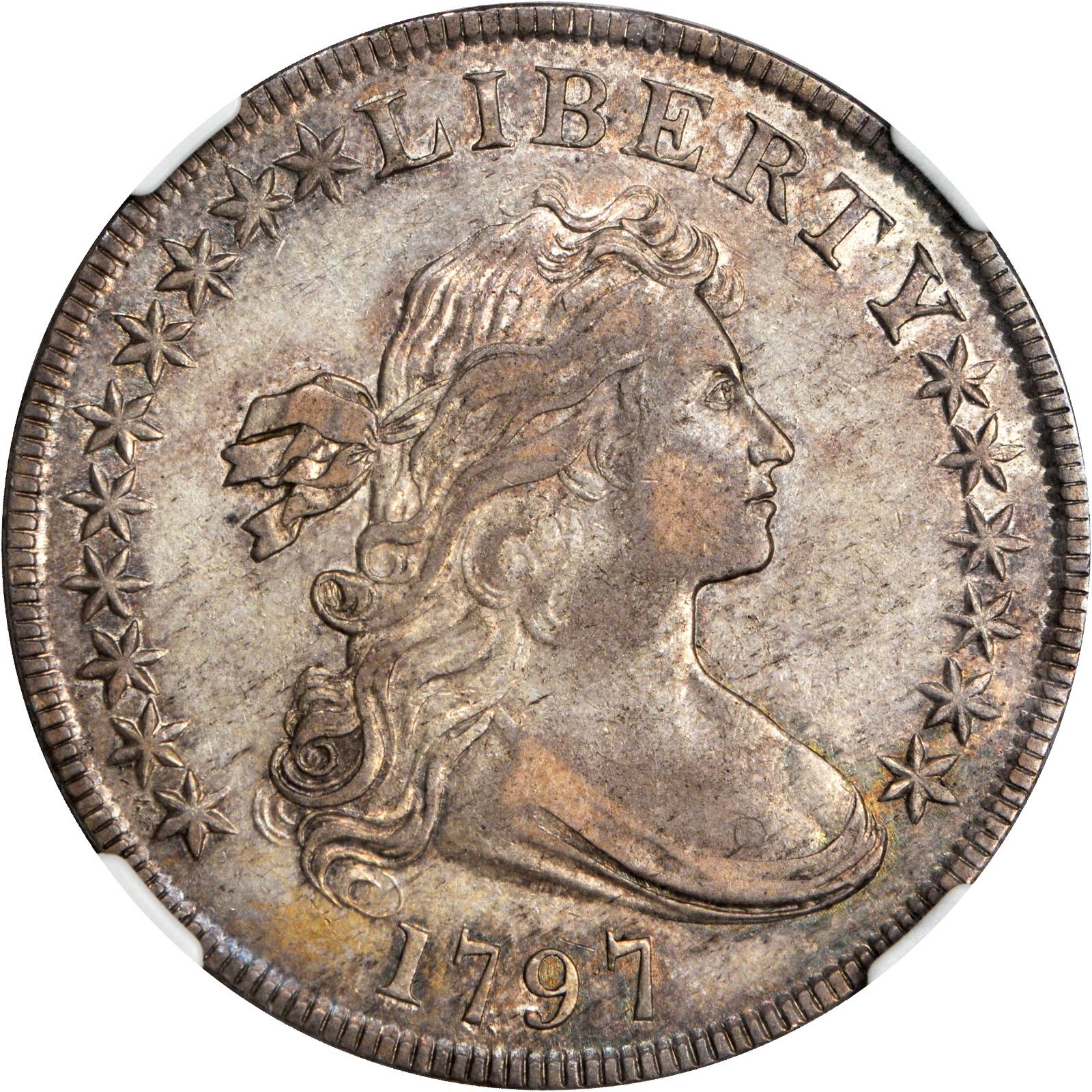 1797 Draped Bust Silver Dollar. B-3, BB-71. Rarity-2. BB Die State III. Stars 10x6. AU-58 (NGC).