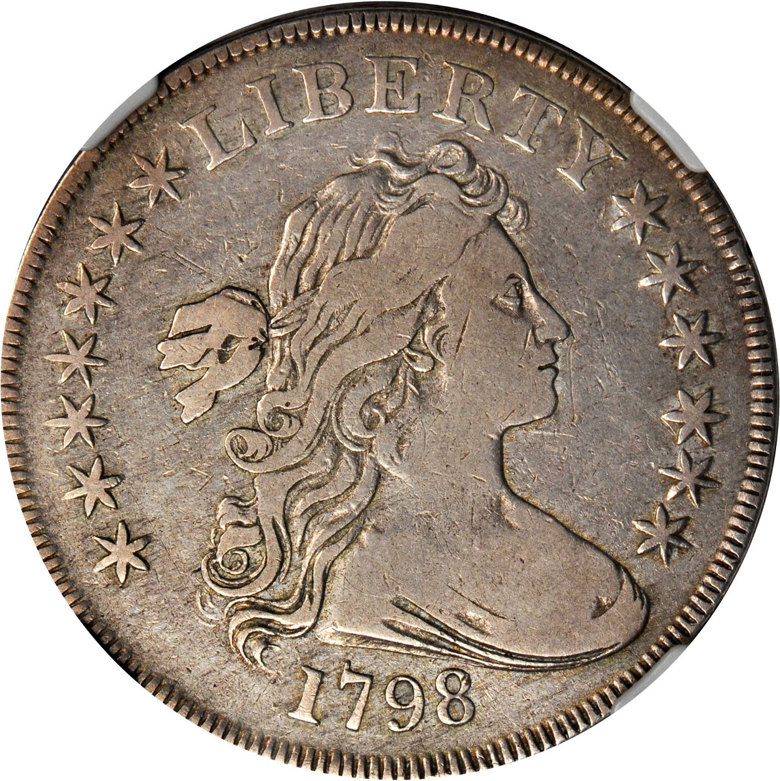 1798 Draped Bust Silver Dollar. Small Eagle. B-1a, BB-82. Rarity-3. BB Die State III. 13 Stars. Fine-15 (NGC).
