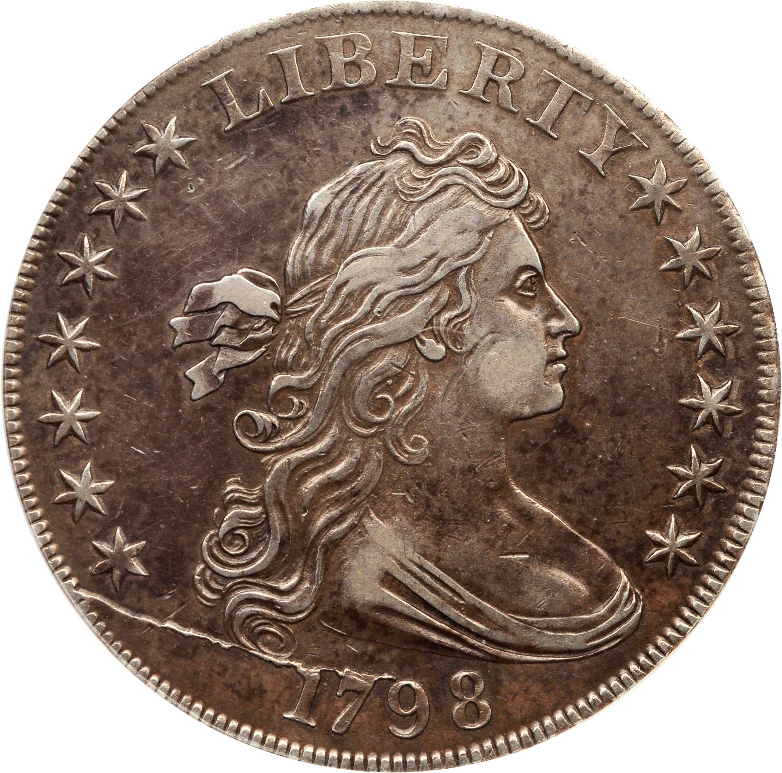 1798 Draped Bust Silver Dollar. Heraldic Eagle. B-16, BB-110. Rarity-6. BB Die State II. Pointed 9, Wide Date. EF-45 Details--Artificial...