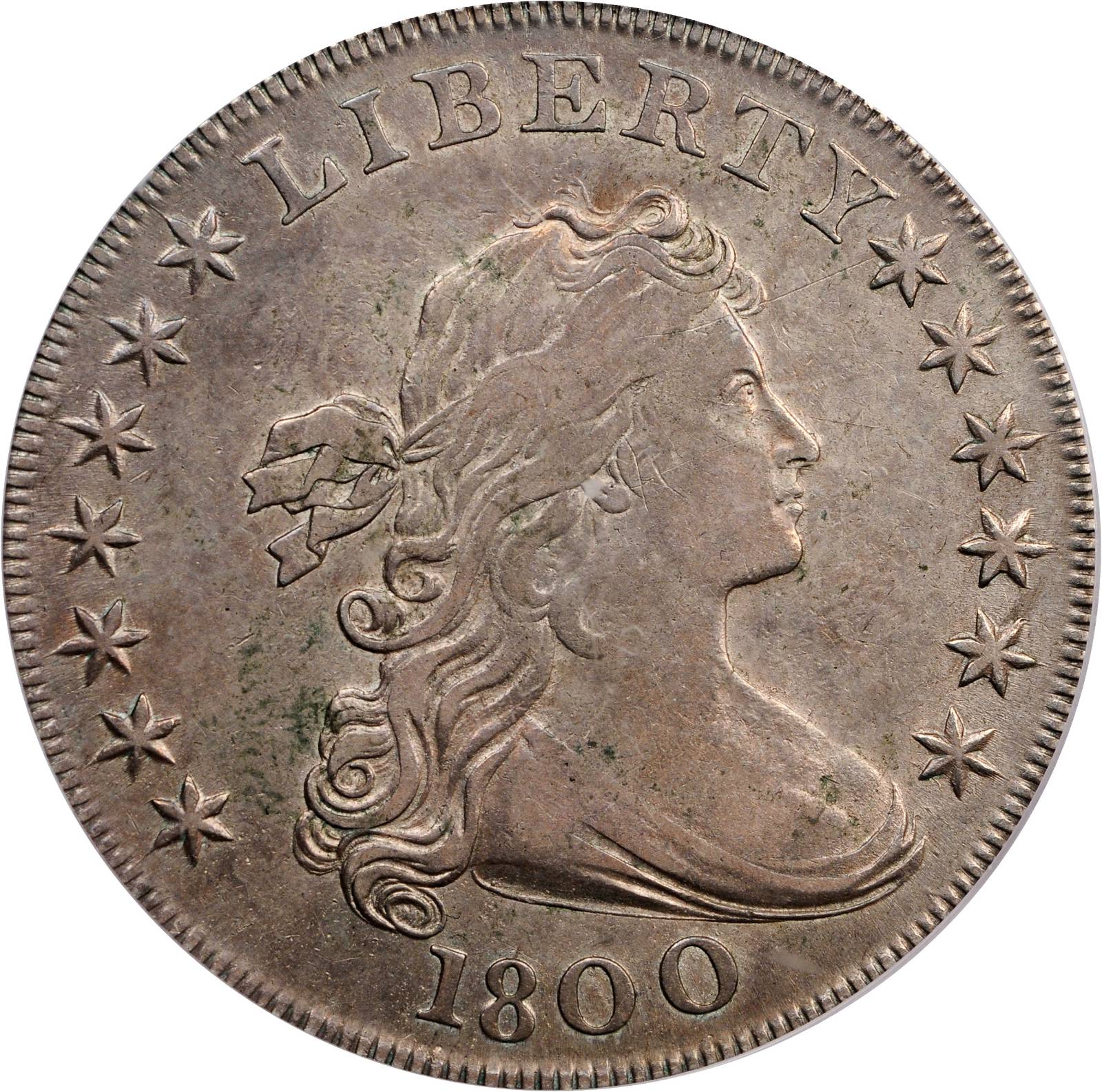 1800 Draped Bust Silver Dollar. B-11, BB-191. Rarity-4. BB Die State II. AMERICAI. Very Wide Date, Low 8. VF-35 (PCGS).