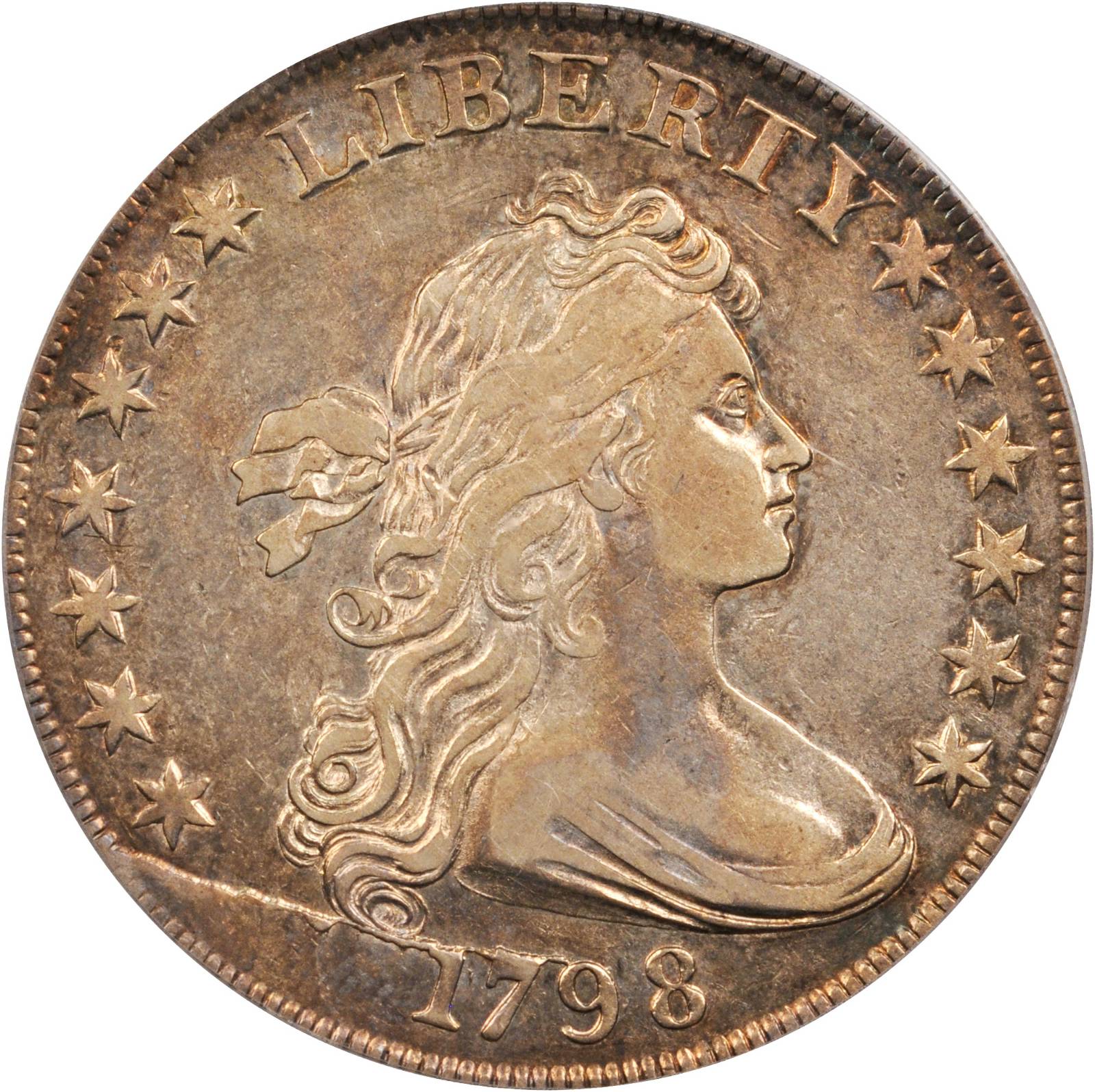 1798 Draped Bust Silver Dollar. Heraldic Eagle. B-16, BB-110. Rarity-6. BB Die State II. Pointed 9, Wide Date. EF-45 (PCGS). Secure Holder.