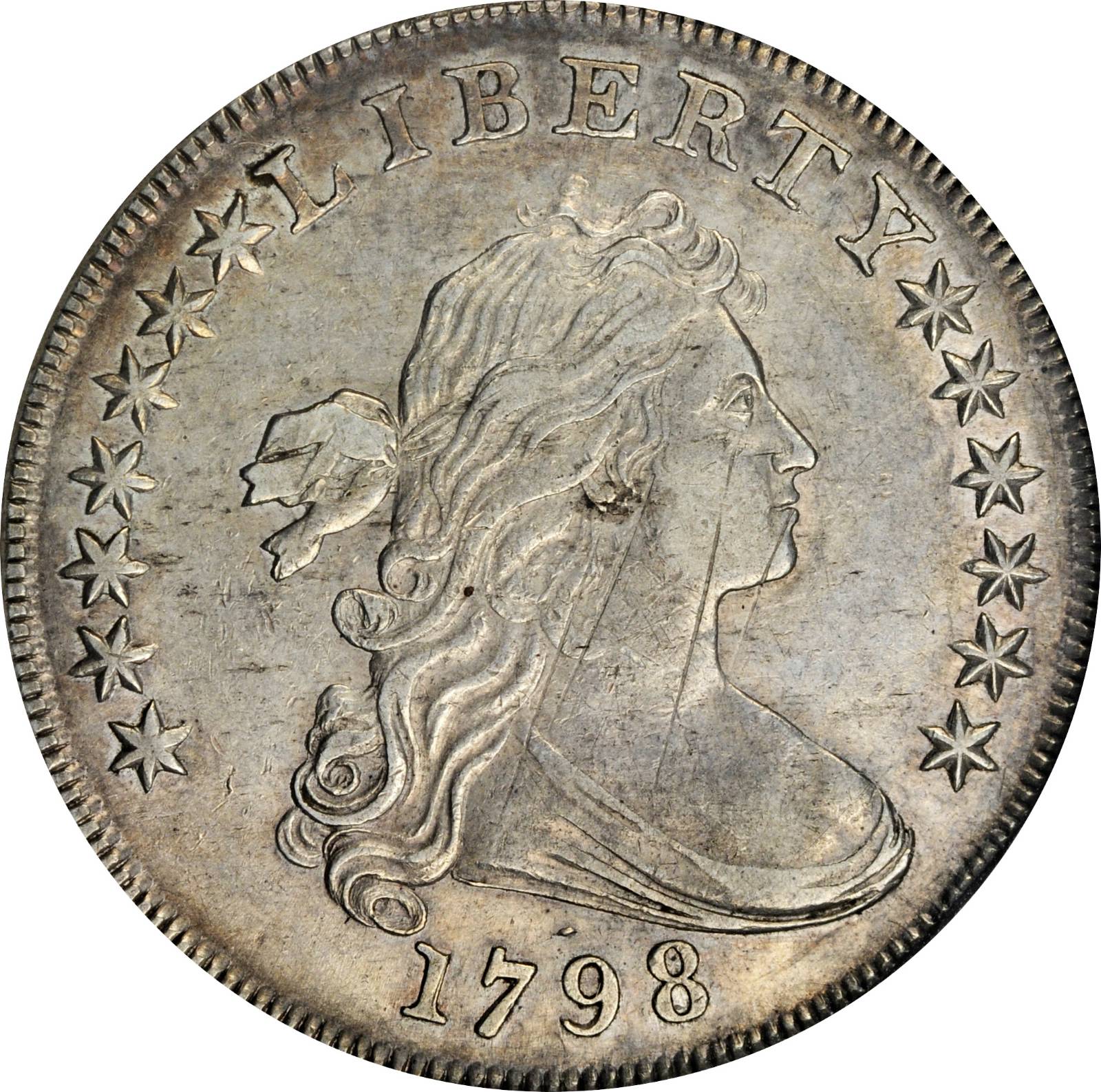 1798 Draped Bust Silver Dollar. Heraldic Eagle. B-20, BB-102. Rarity-5. BB Die State IV. Pointed 9, Wide Date. AU-50 (NGC).