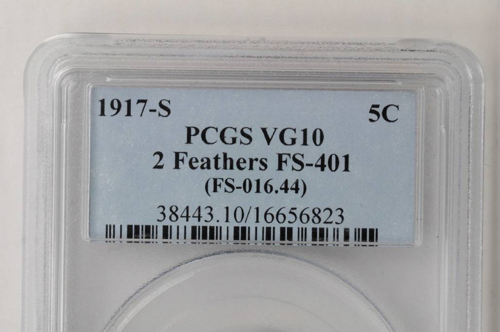 1917-S 5c 2 Feathers, FS-401 VG10 CAC thumbnail 3