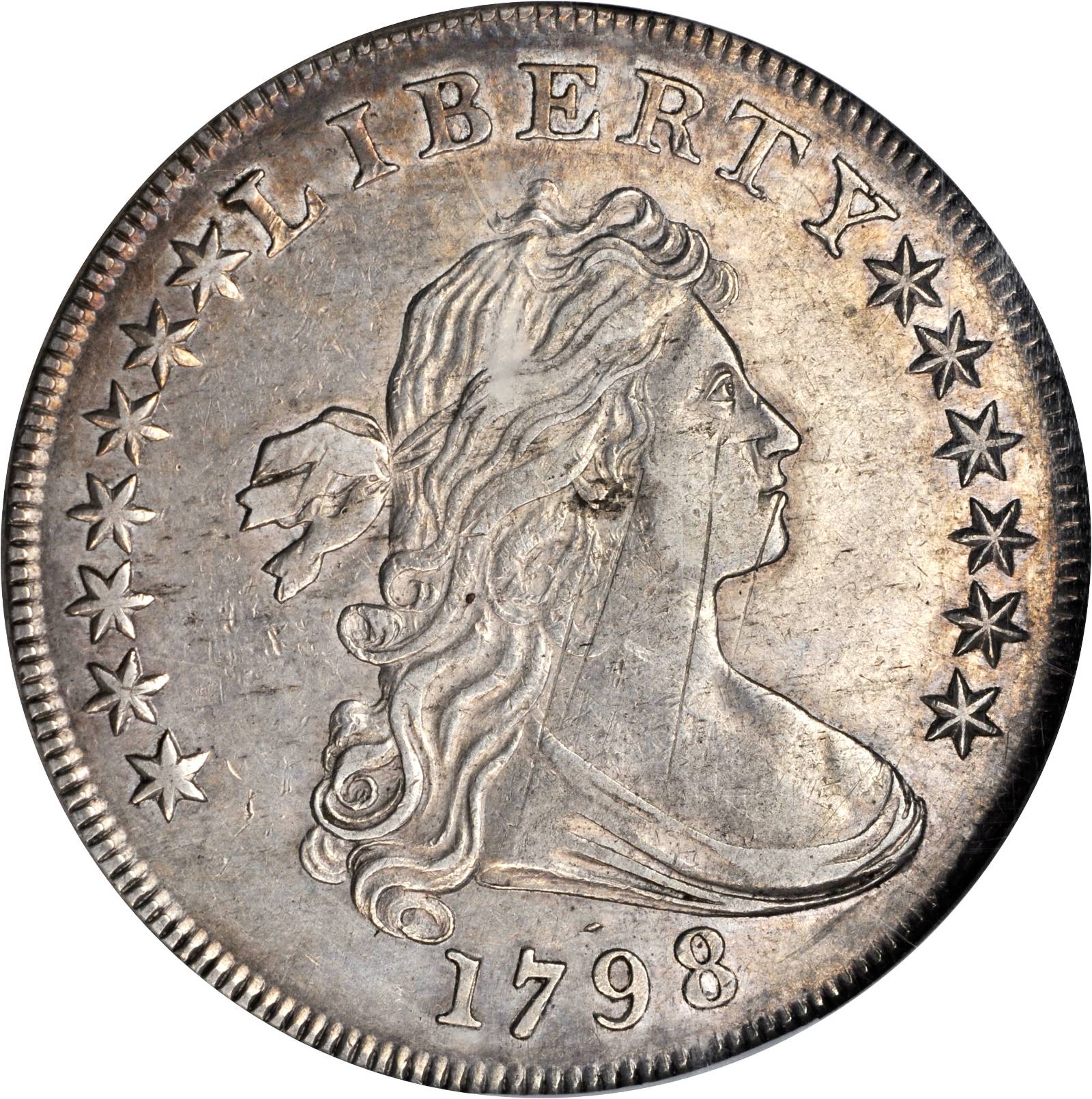 1798 Draped Bust Silver Dollar. Heraldic Eagle. B-20, BB-102. Rarity-5. BB Die State IV. Pointed 9, Wide Date. AU-50 (NGC).