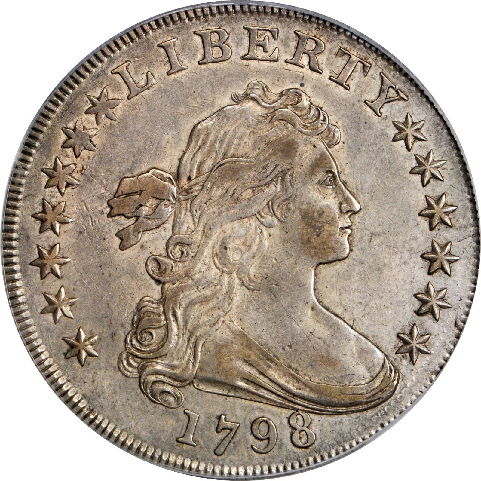 1798 Draped Bust Silver Dollar. Heraldic Eagle. B-22, BB-104. Rarity-4. BB Die State IV. Pointed 9, Wide Date. AU-53 (PCGS).