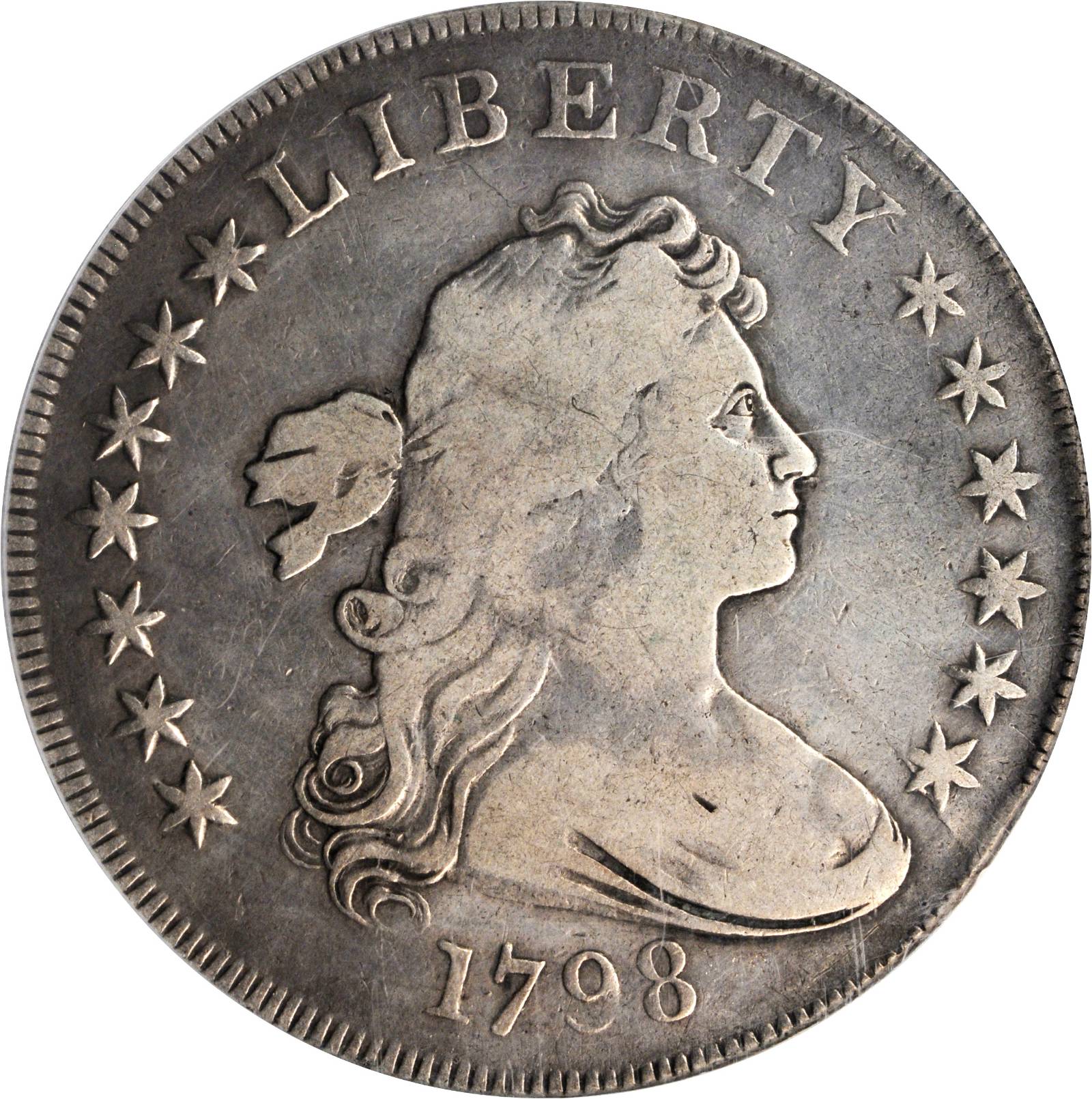 1798 Draped Bust Silver Dollar. Heraldic Eagle. B-11a, B-111. Rarity-3. BB Die State IV. Pointed 9, Close Date. Fine Details--Improperly...