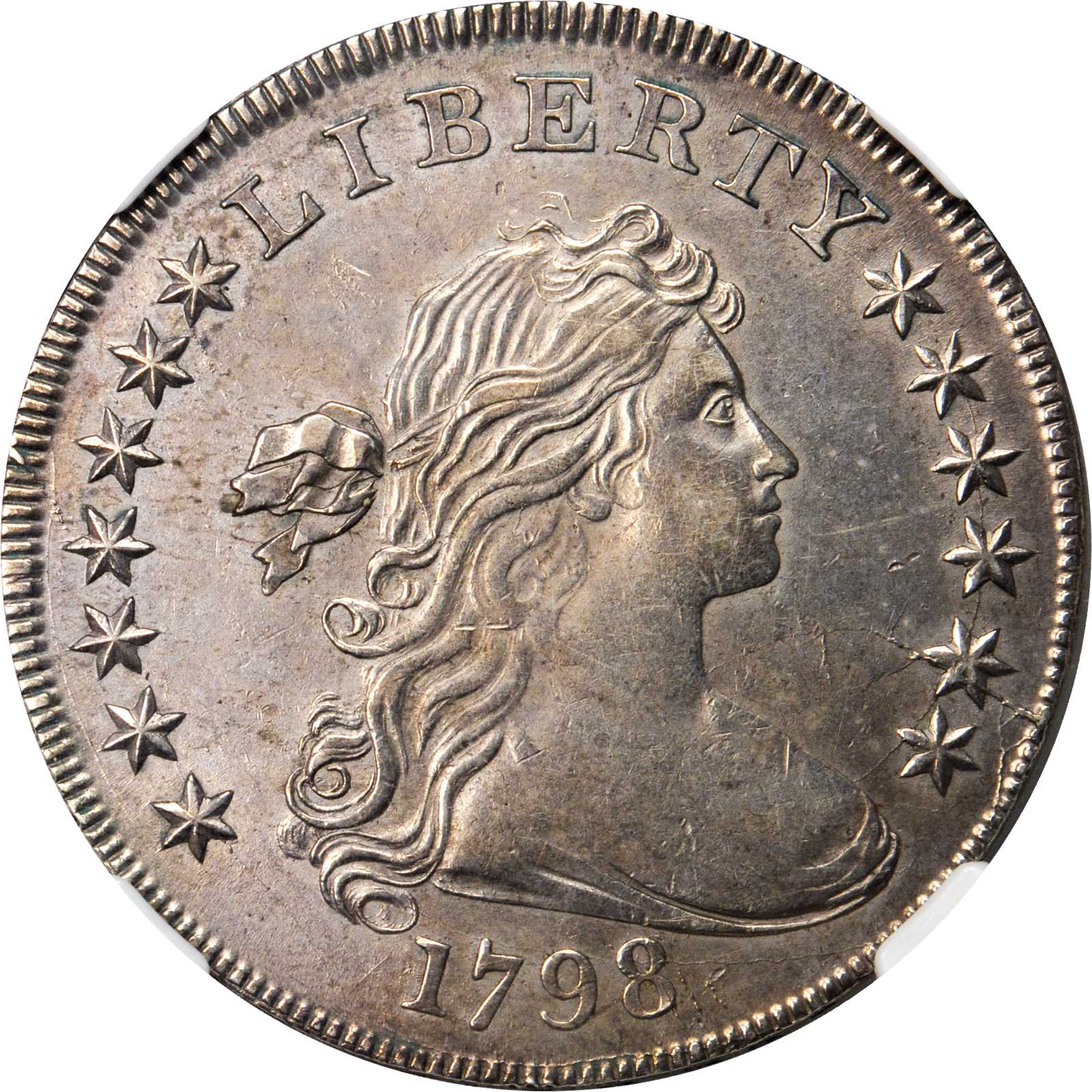1798 Draped Bust Silver Dollar. Heraldic Eagle. B-24, BB-124. Rarity-2. BB Die State V. Pointed 9, Wide Date. AU-55 (NGC).